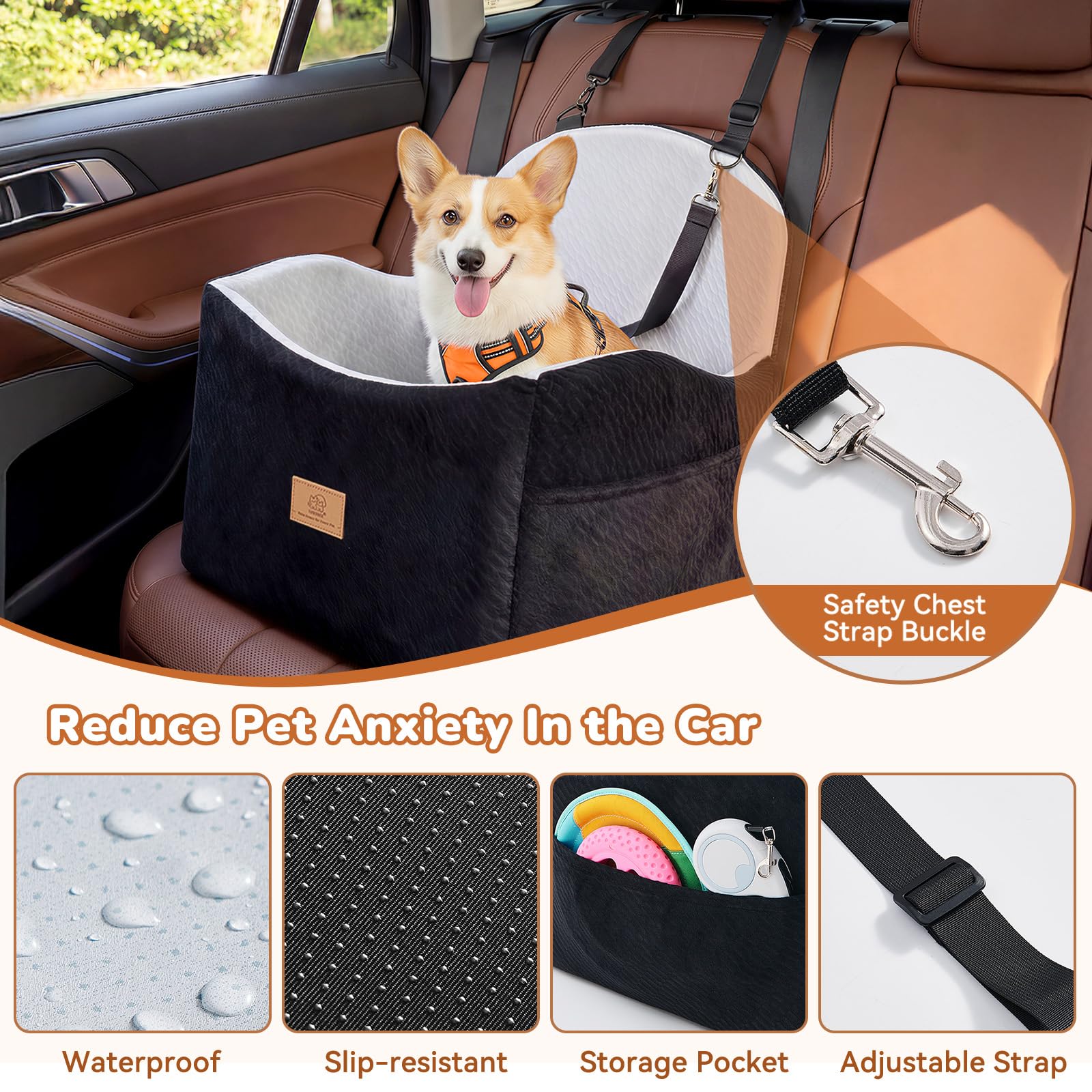 Dog Car Seat for Medium/Small Dogs, Dog Booster Car Seat, Pet Booster Seats Up to 40lbs with Waterproof Layer, 3 Storage Pockets and Safety Belt (Black/Grey) - 5