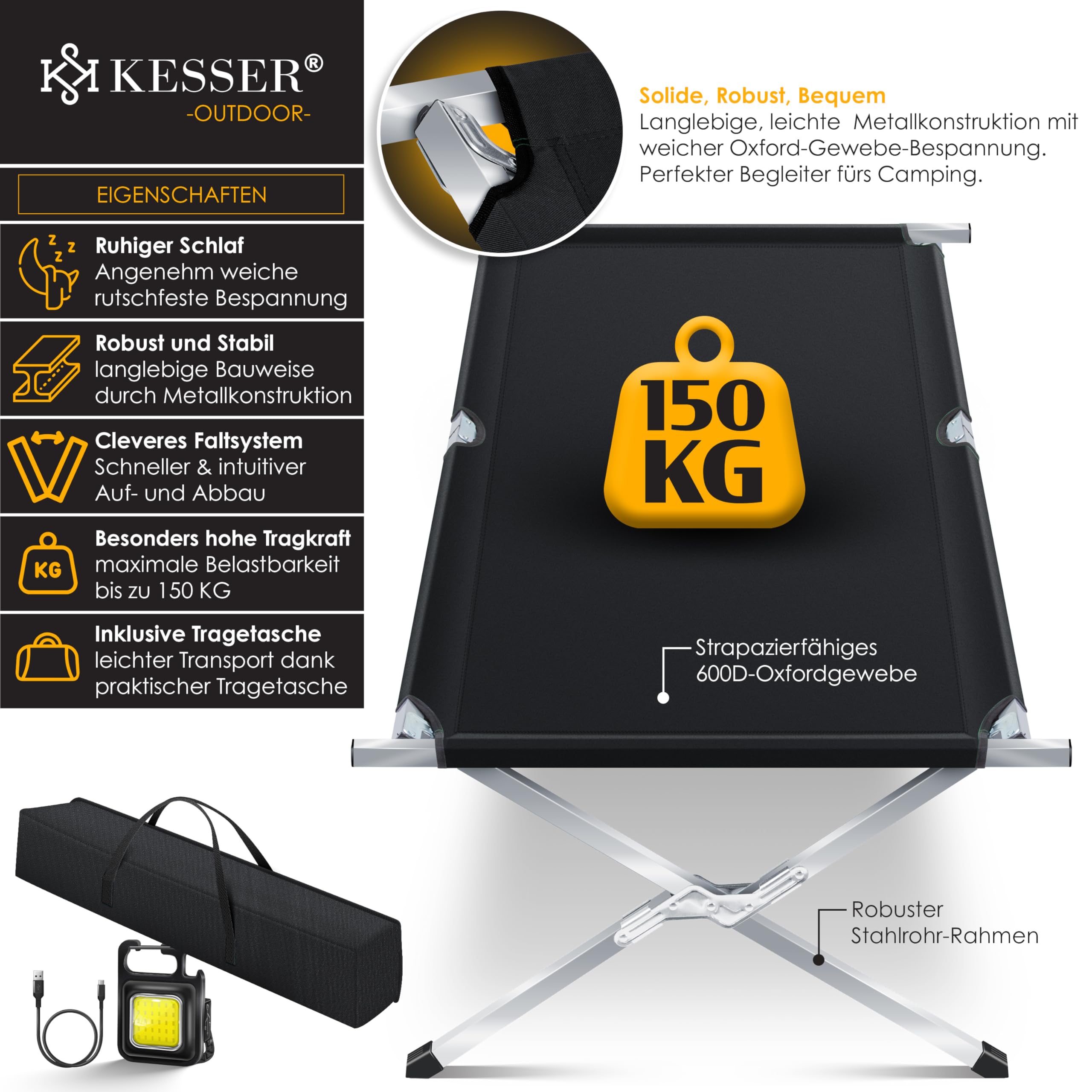 KESSER® Lit de Camping Pliant avec Sac de Transport et Poche latérale 210 x 73 x 45 cm Charge maximale 150 kg Tube métallique 600D Tissu Oxford Portable Chaise Longue de Voyage Confortable avec Sac
