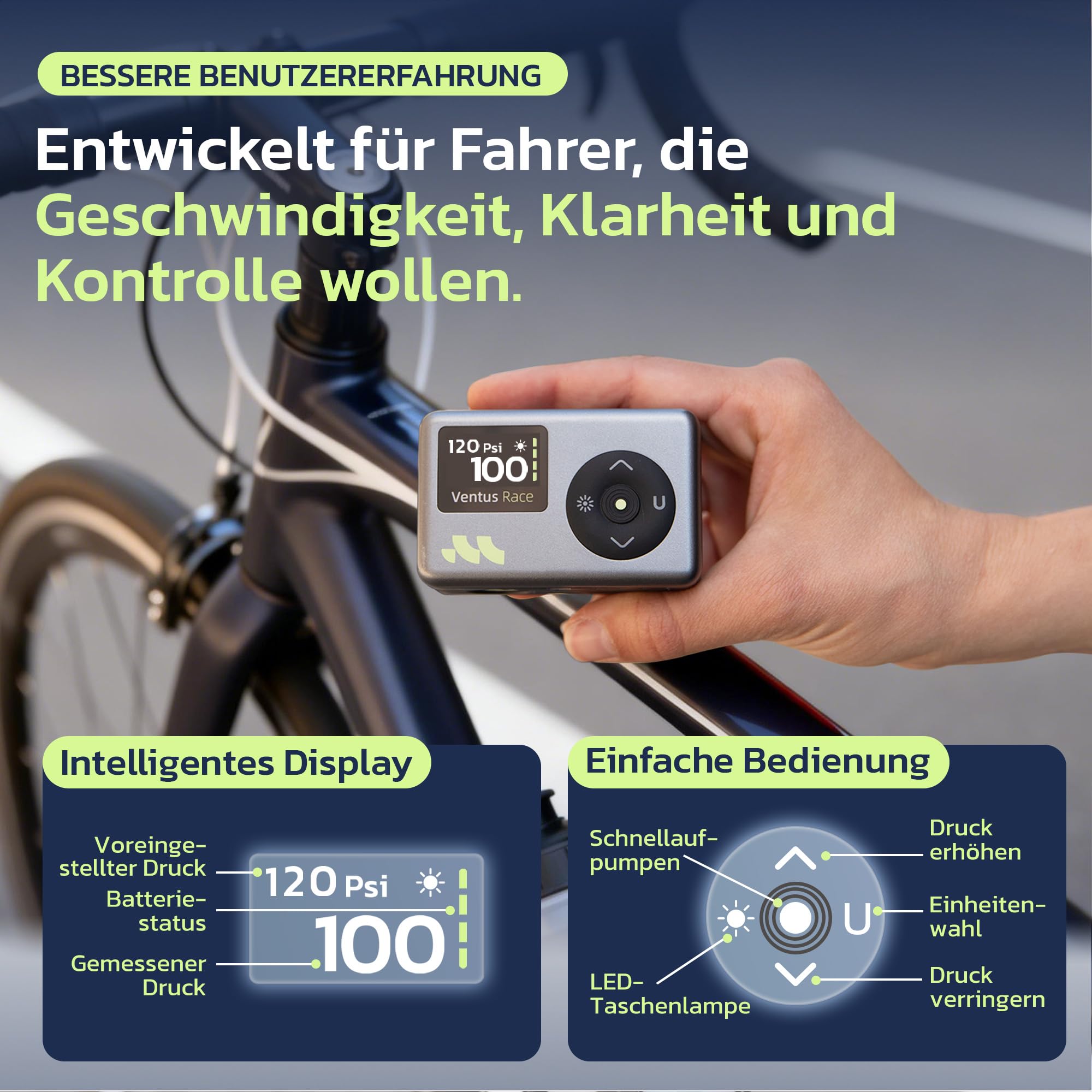 Woowind Fahrradpumpe, Elektrische Fahrradpumpe, Luftpumpe Fahrrad, 50 Sek. schnelles Aufpumpen, 120PSI/8.27Bar, Presta- und Schrader-Ventil für alle Fahrräder, Mini Kompressor Fahrrad mit LED-Licht