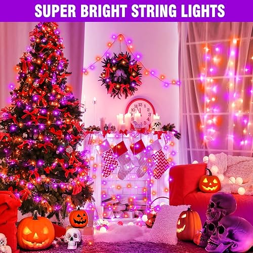 Miniatura 6 de Guirnalda de luces LED moradas y naranjas de 70 pies - 210 LED en cable transparente, decoración navideña impermeable y conectable, espeluznante