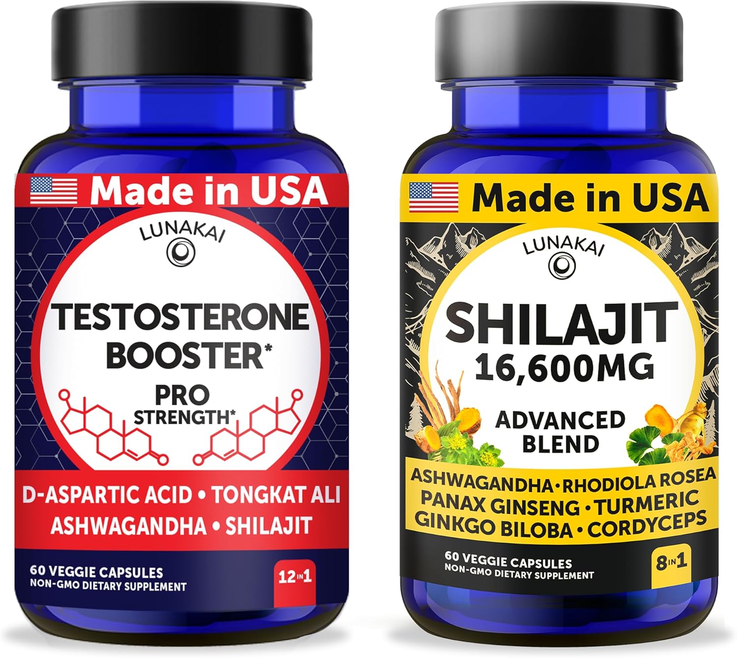 Lunakai USA Made Testosterone Booster + Shilajit Capsules Bundle – Non-GMO – 60ct Each