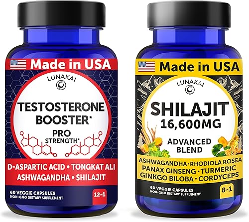 Lunakai Paquete de cápsulas de refuerzo de testosterona + Shilajit fabricado en Estados Unidos, sin OMG, 60 unidades cada una