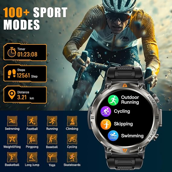 EIGIIS Military Smart Watches for Men Built-in GPS Rugged Tactical Smart Watch with LED Flashlight, 3ATM Waterproof&Compass&Calls, 530mAh Battery Fitness Tracker with HR/Sleep Monitor for iOS Android