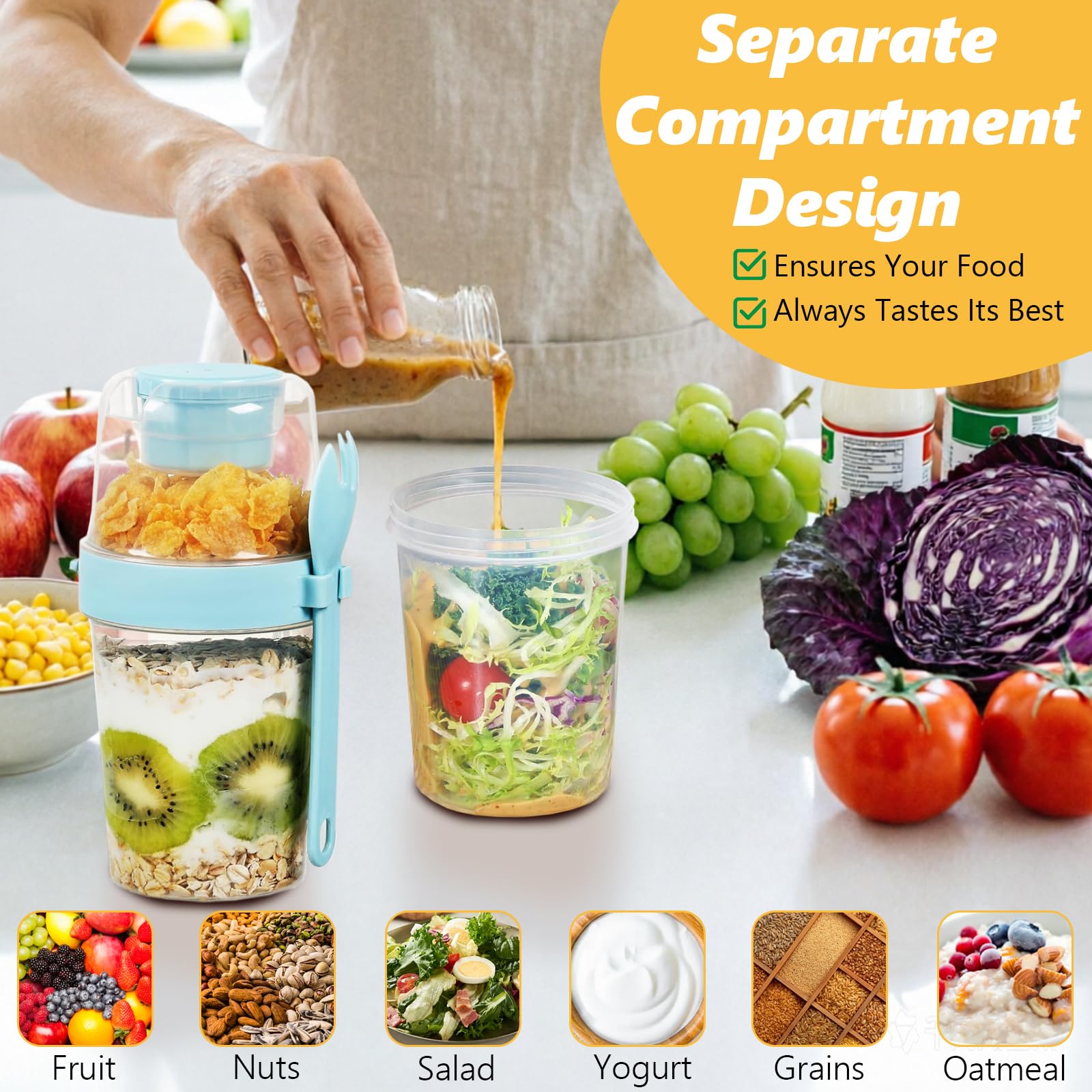 Müslibecher to Go, 4 Stück Jogurtbecher für Unterwegs mit löffel, Joghurt to Go Becher, Doppelschicht Auslaufsicherer Salatbecher, Müsli to go Becher für Arbeit, Schule, Reisen, Picknick