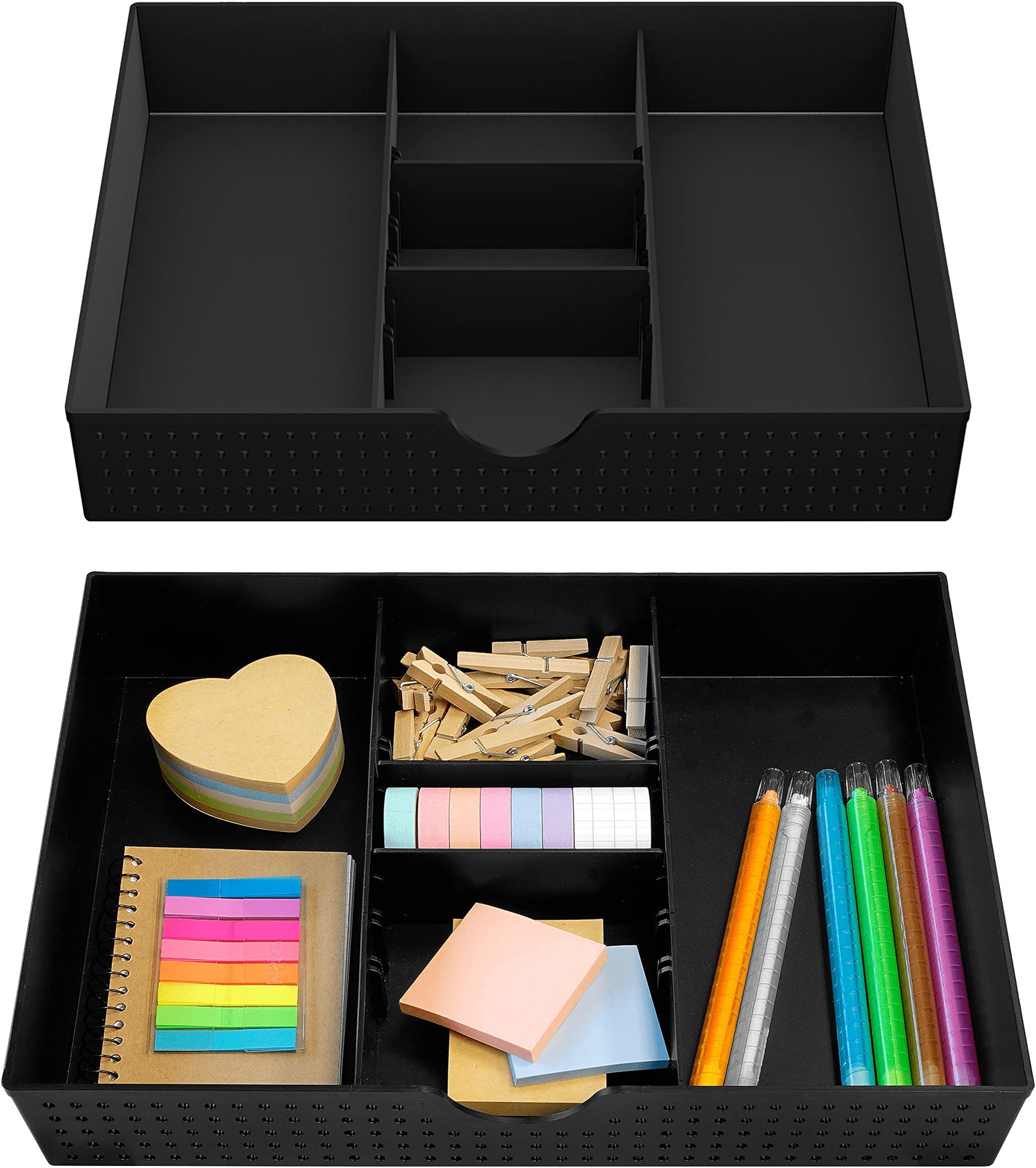 CAXXA 2 Pack 3 Slot Drawer Organizer with Two Adjustable Dividers - Drawer Storage Junk Drawer Organizer for Office Desk Supplies and Accessories, Black (2 Pack)