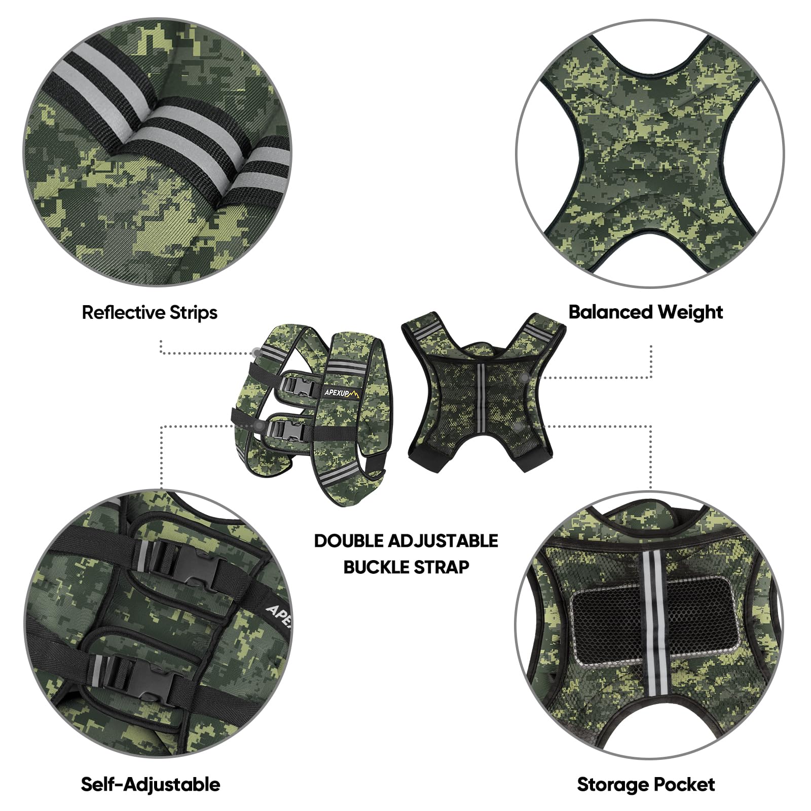 APEXUP Gewichtsweste für Herren, 11 kg mit reflektierenden Streifen, Gewichtsweste für Damen, Trainingsausrüstung für Krafttraining, Laufen (Digi Green Camo)