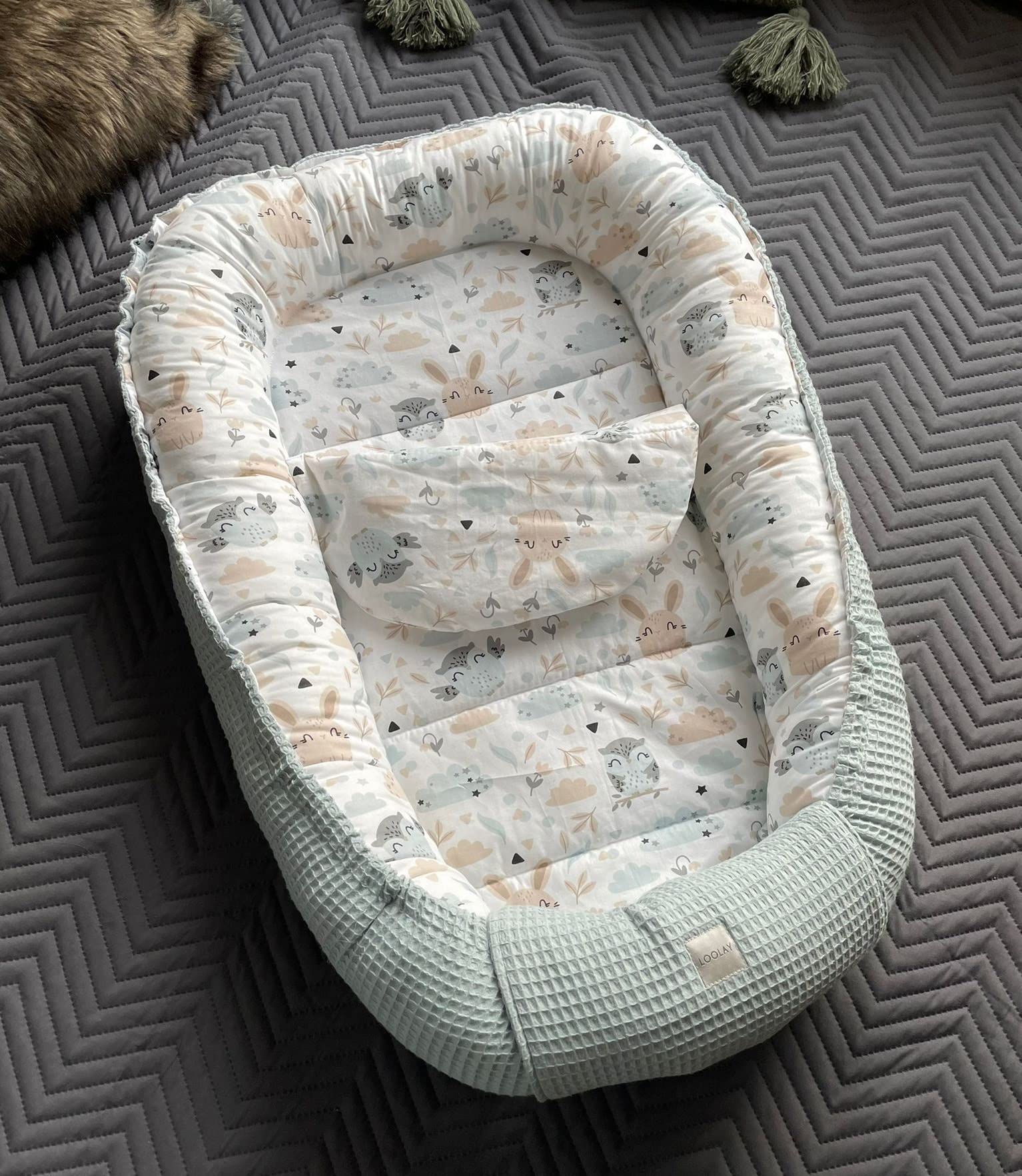 Paracolpi a nido d'ape e coniglietto beige e bianco per neonati, per neonati, lettino da viaggio, paracolpi solo/o, in set regalo premium (paracolpi + materasso)