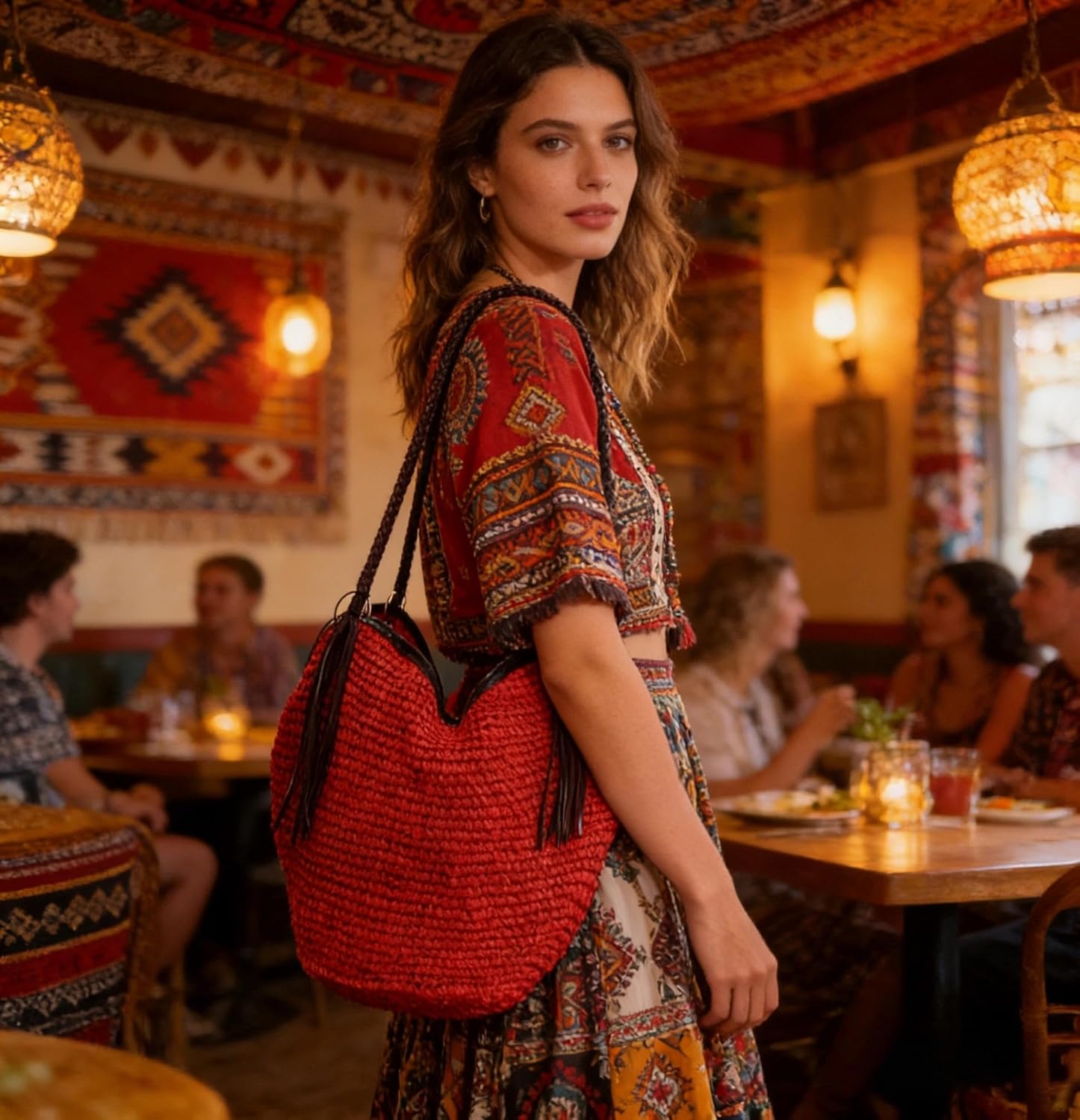 Soft Large Straw Shoulder Bag with Brown Charm Leather Tassels, Boho Leather Handle Tote Retro Summer Beach Bag Rattan Handbag (Red) - Image 8