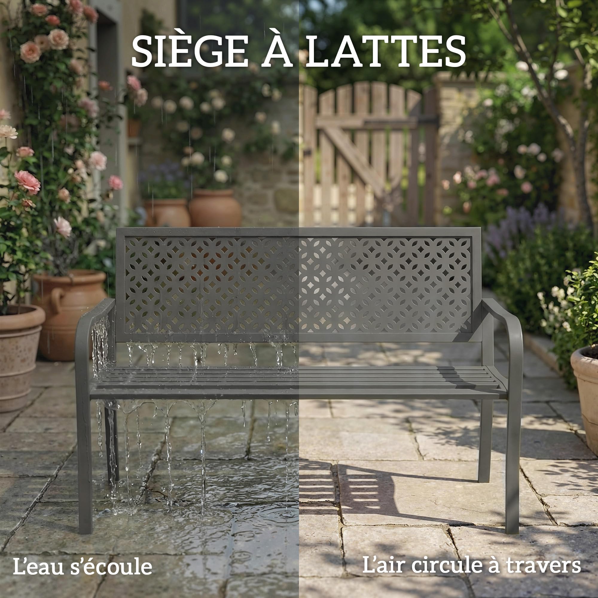 Outsunny Banc d'extérieur en métal, Banc 2 Places avec Dossier géométrique antirouille et accoudoirs, siège de Patio pour Balcon, terrasse, Parc, Gris foncé