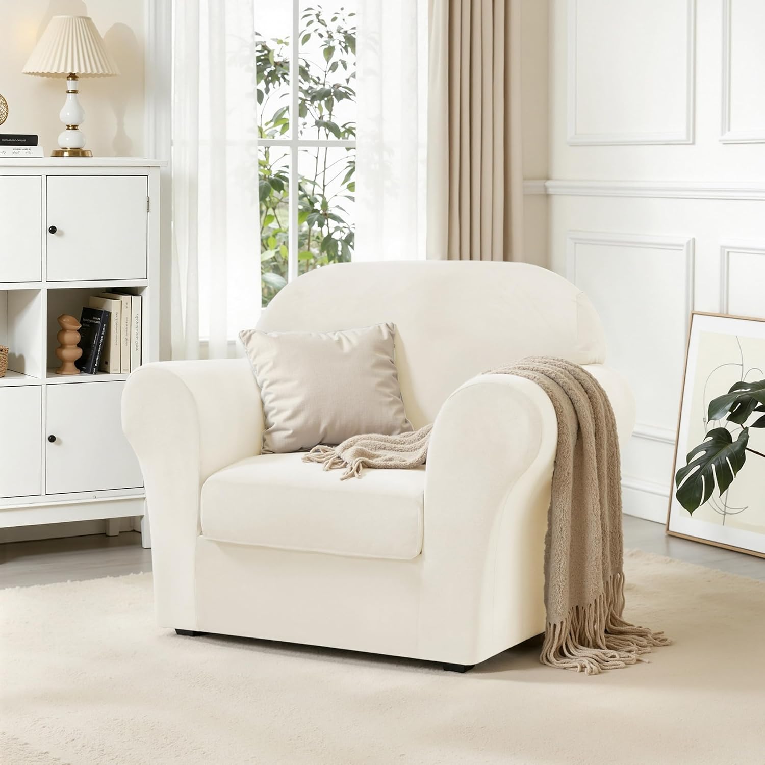 CHUN YI 2 Piece Velvet Armchair Cover Couch Covers 1 Cushion, Water Resistant Chair Slipcover with Arms, Non Slip High Stretch Thick Furniture Protector for Dogs Pets, Small, Ivory White