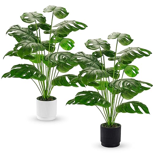 Der Rose 28" 2 Packs Fake Plants Large Artificial Monstera Faux Plants Indoor Tall for Floor Home Office Farmhouse Bedroom Decor - 28"WHITE&BLACK