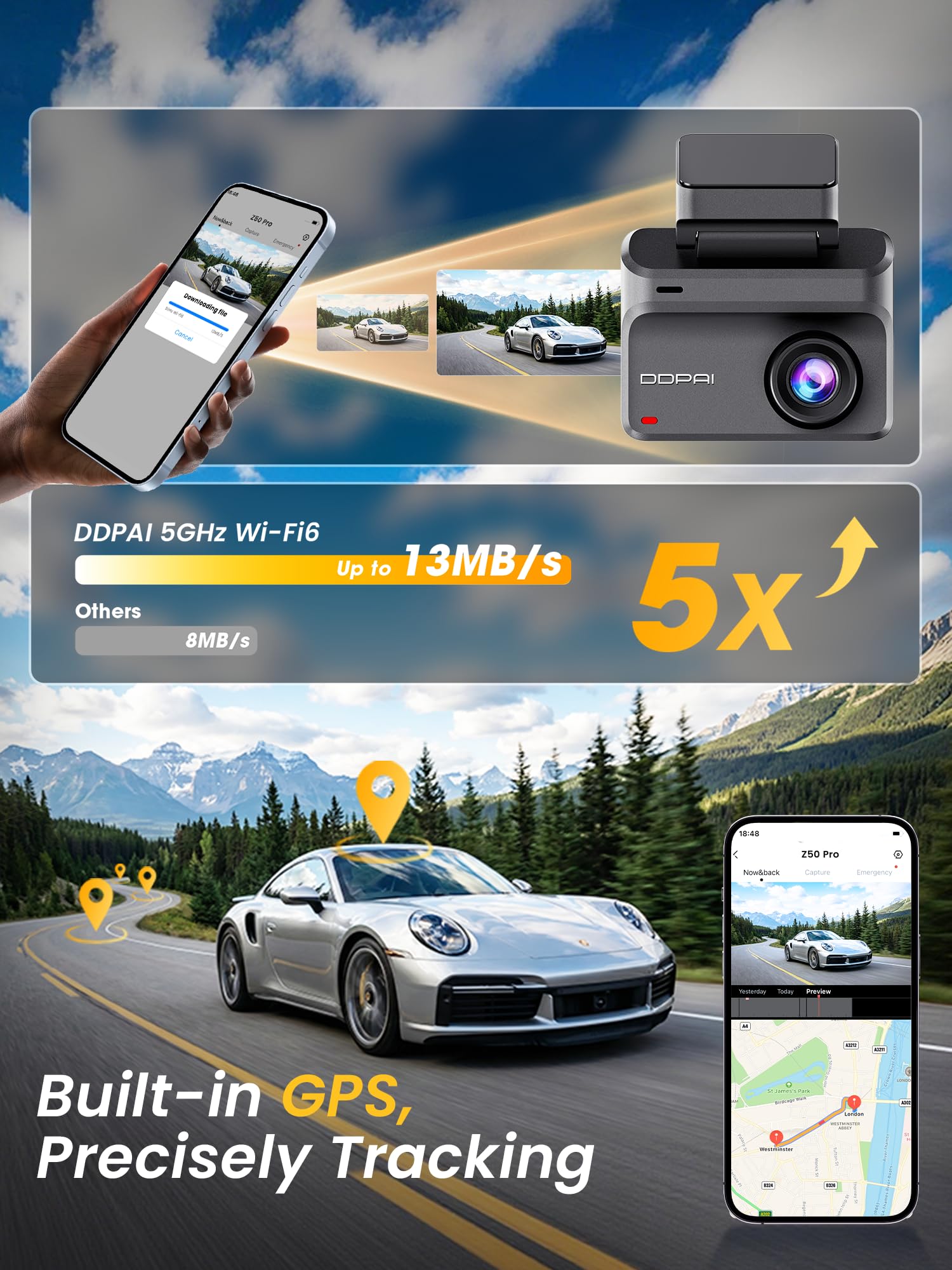 DDPAI Z50 Pro kamera samochodowa z przodu, z tyłu, 4K + 1080P, 5G WiFi6, GPS, Dash Cam 3" IPS, monitorowanie parkowania 48 h, widoczność w nocy, ADAS, nagrywanie w pętli, czujnik G, superkondensator
