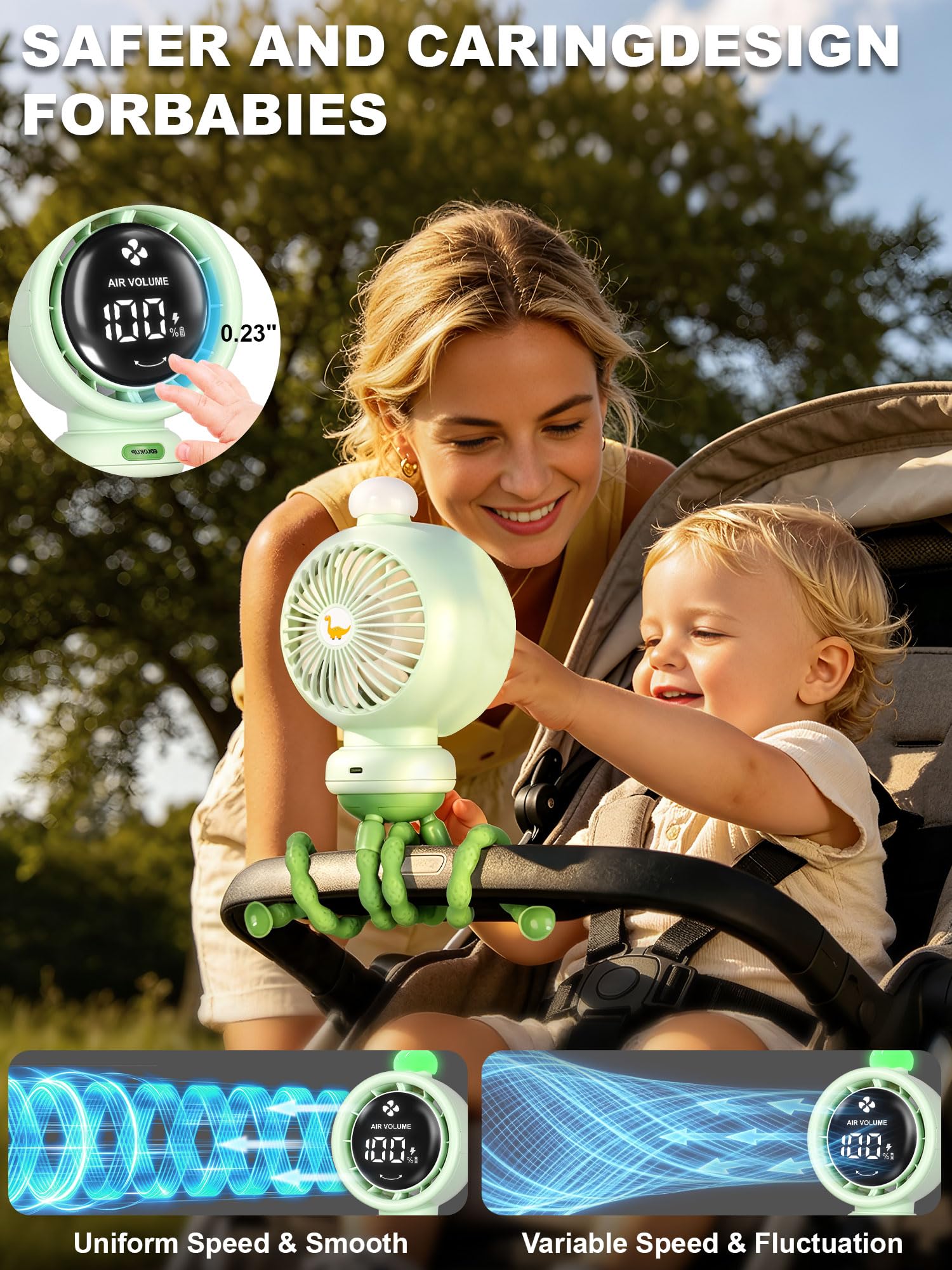 Mini ventilatore portatile per passeggino, oscillazione automatica, velocità continua, display, luce notturna a LED con clip sui ventilatori, accessori per passeggini alimentati a batteria, verde
