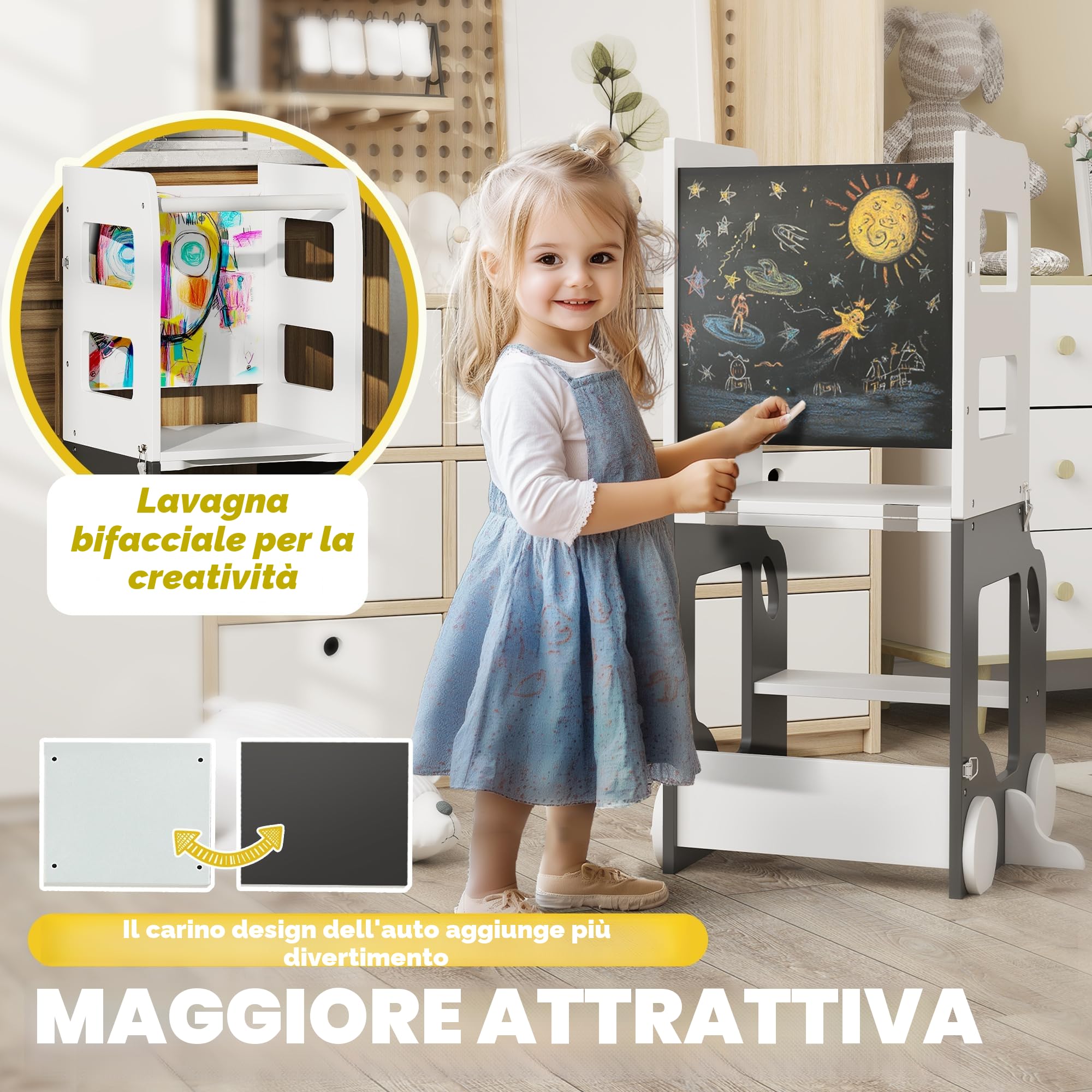 AIYAPLAY Scala Montessori 4 in 1 Pieghevole per Bambini 3-6 Anni con 2 Lavagne e Set Tavolo e Sedia, Torre Montessoriana a Forma di Auto in MDF e Legno di Pino, 58x46x92 cm, Bianco