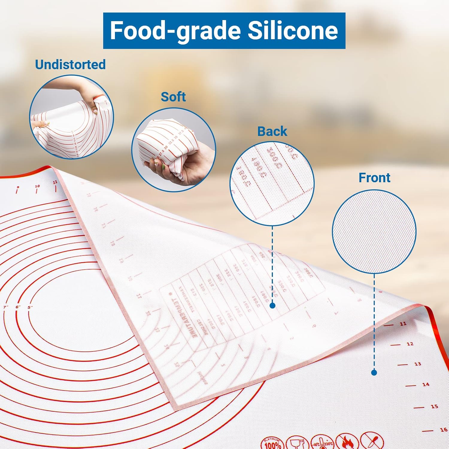 Reusable Silicone Baking Mat with 3 Scrapers, 70 x 50 cm, Non-Slip Mat and Utensils for Pastry, Macaroon, Biscuit
