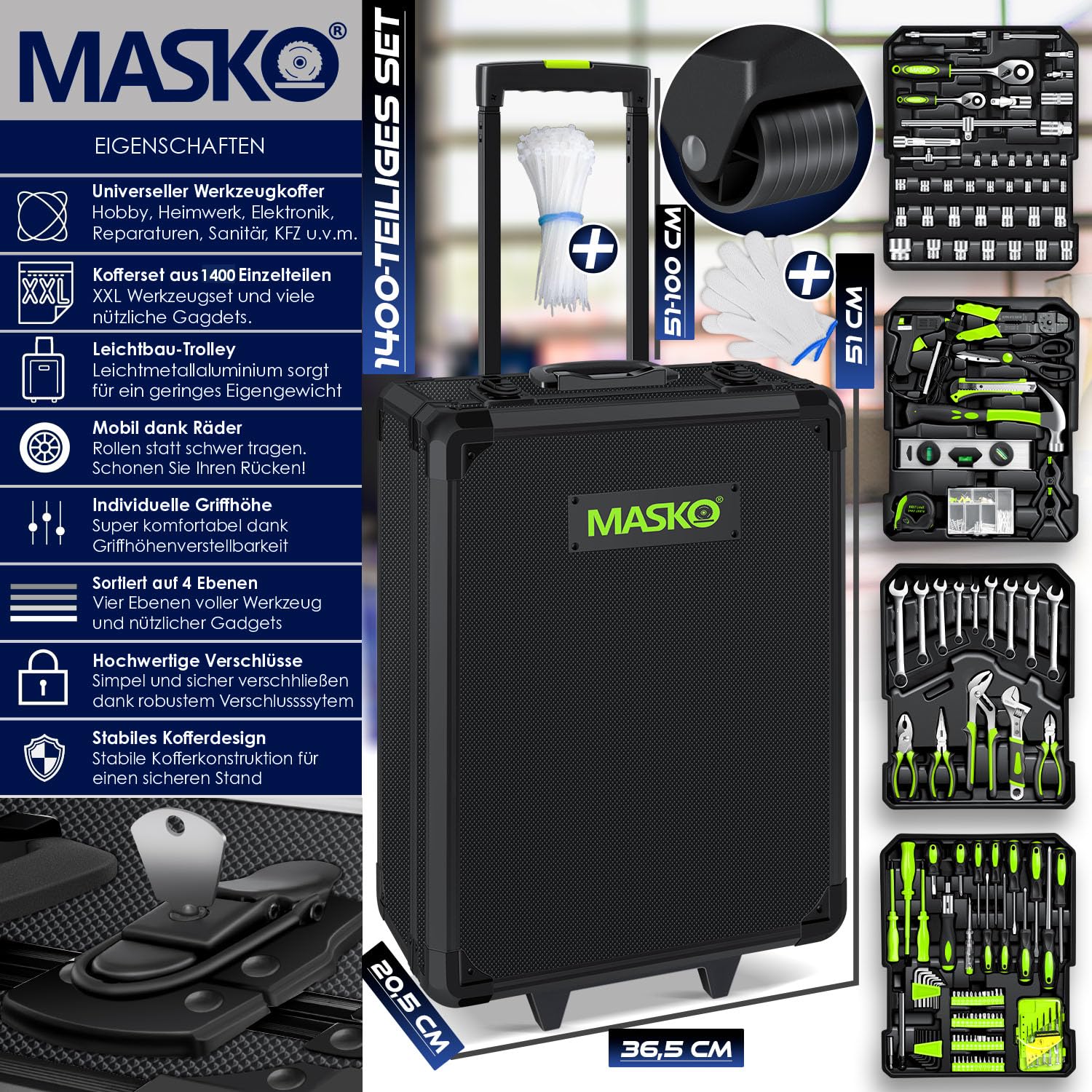 MASKO® Werkzeugkoffer 1400-teilig gefüllt | Werkzeugset im Aluminiumkoffer | Werkzeugkasten mit Rollen | Werkzeugkiste Haushalt, Haus, Hobby, KFZ | Trolley-Funktion | Profi Werkzeugwagen Handwerkzeug