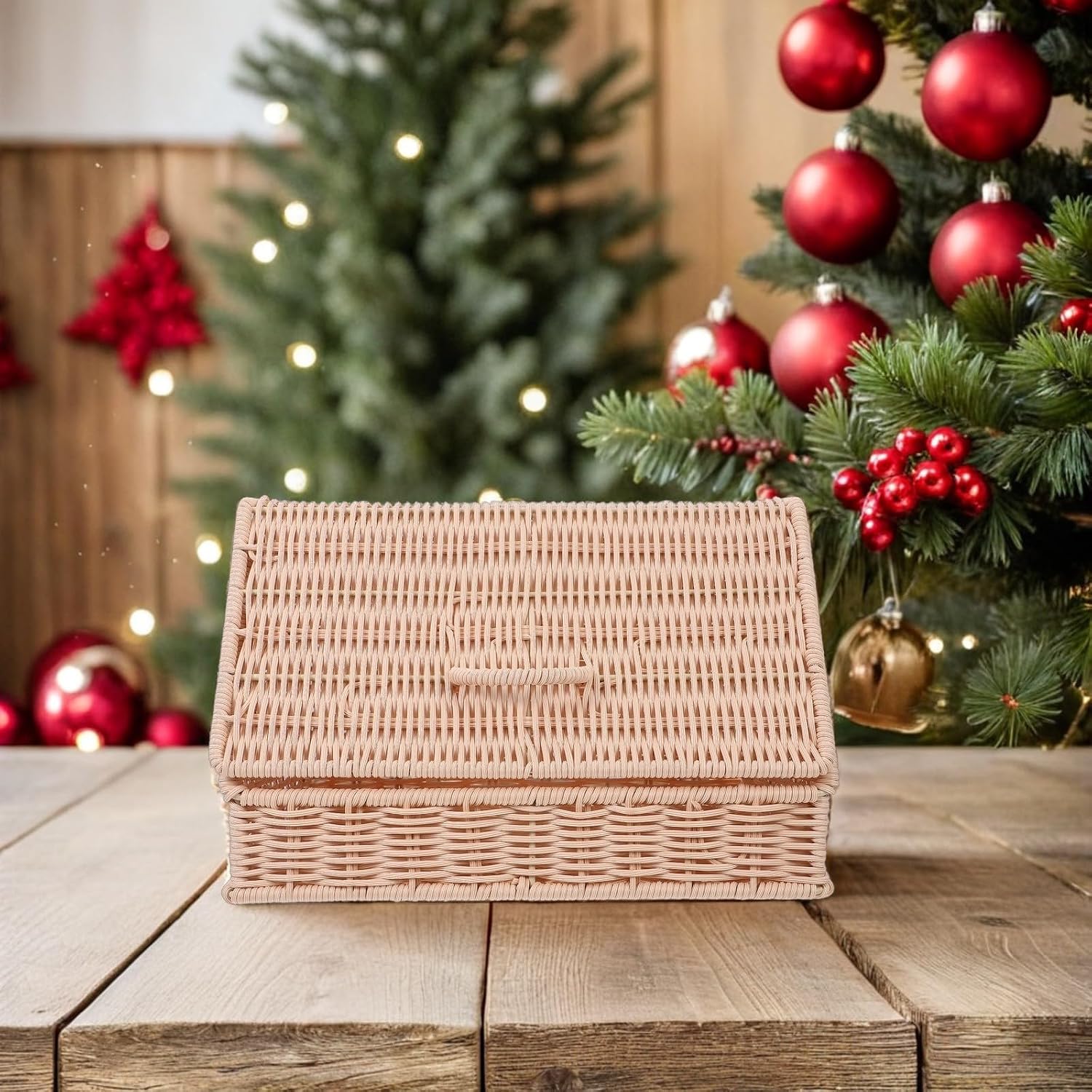 Rattan Bread Storage Basket with Lid, Handwoven Countertop Organizer Xmas