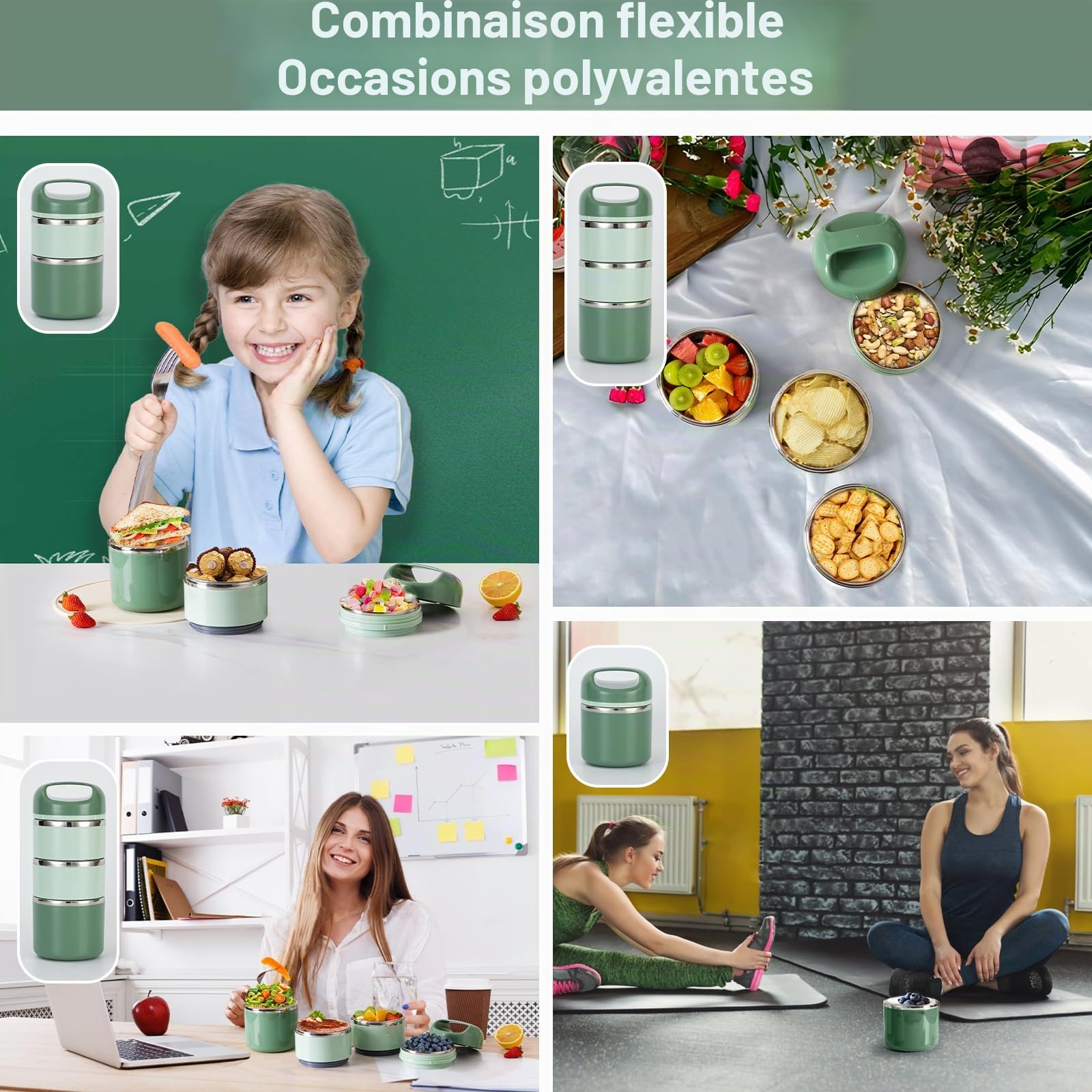 Lille Home Boîte à Lunch en Acier Inoxydable, 3 Niveaux, 1.43L | Boîte à bento isolée sans BPA pour préparation de repas. Récipient de nourriture empilable, idéal pour les déplacements
