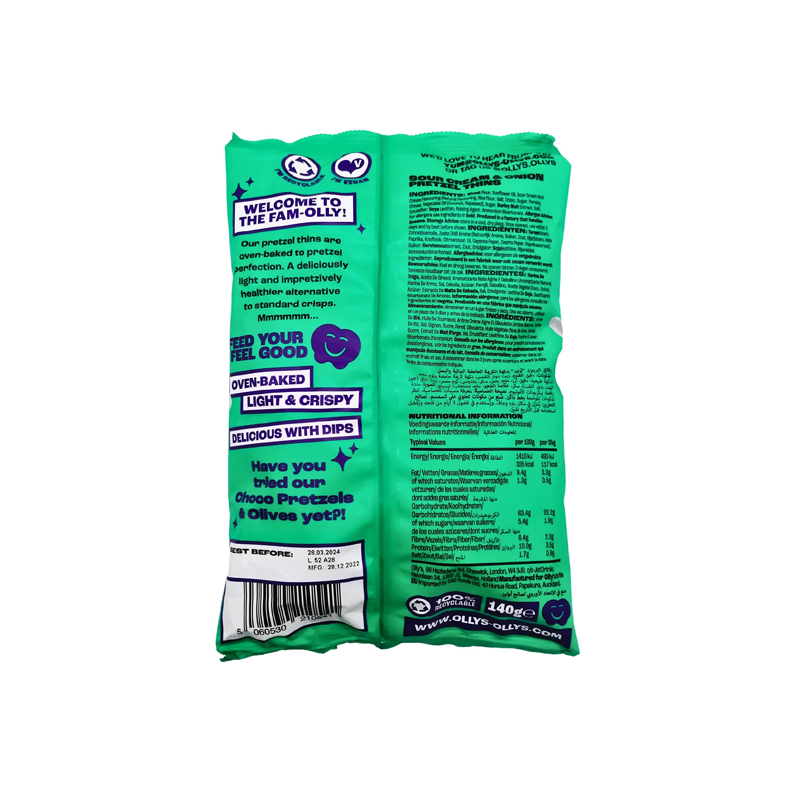 Olly's Pretzels horneados Sabor a Crema Agria y Cebolla, Snacks Veganos, Pack 7 bolsas x 140g
