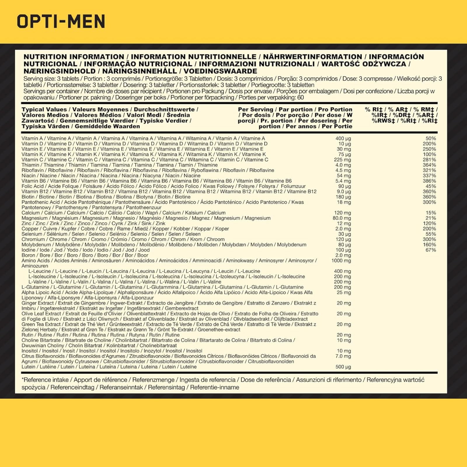 Optimum Nutrition Opti-Men Multivitamin Nahrungsergänzungsmittel mit Mineralien, Aminosäuren und Pflanzenextrakten für den Stoffwechsel und das Immunsystem 60 Portionen 180 Tabletten