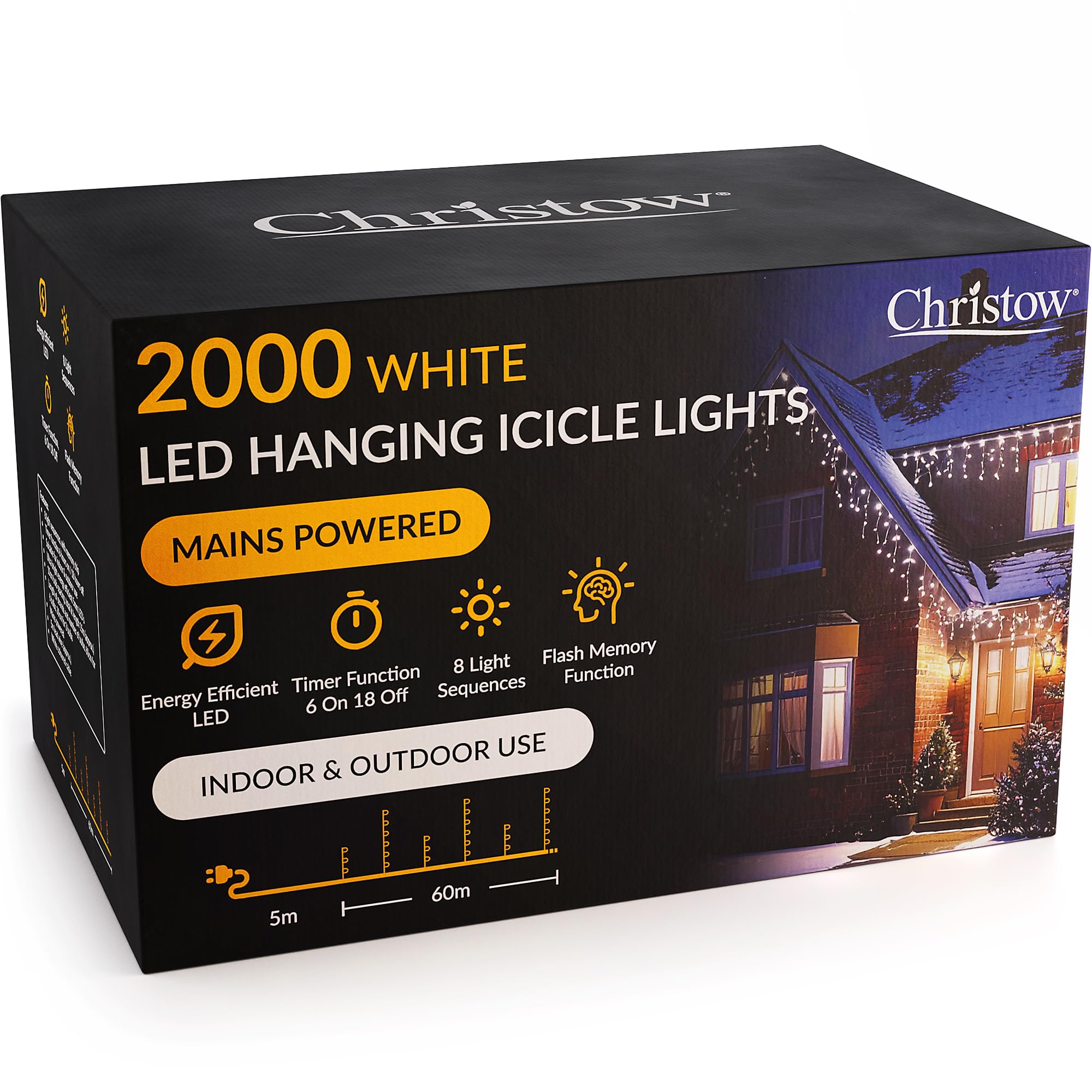 Christow White Hanging Icicle Christmas Lights, 2000 Led, 60M Lit Length, Indoor & Outdoor, Mains Powered With Timer, 8 Flash Lighting Modes With Memory, Fairy String Light Xmas Decorations