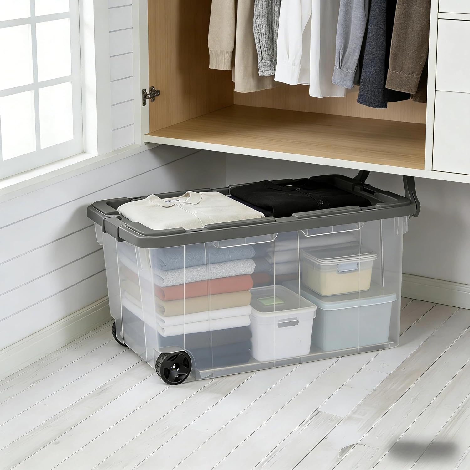 Wheeled Storage Tote, 160 Quart Extra Large Stackable Bin with Lid, Clear Plastic Storage Container for Garage, 2 Pack