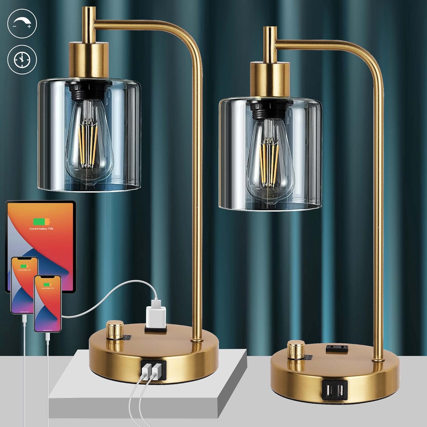 QiMH Gold Table Lamp Set of 2, Fully Stepless Dimmable Bedside Lamps 2