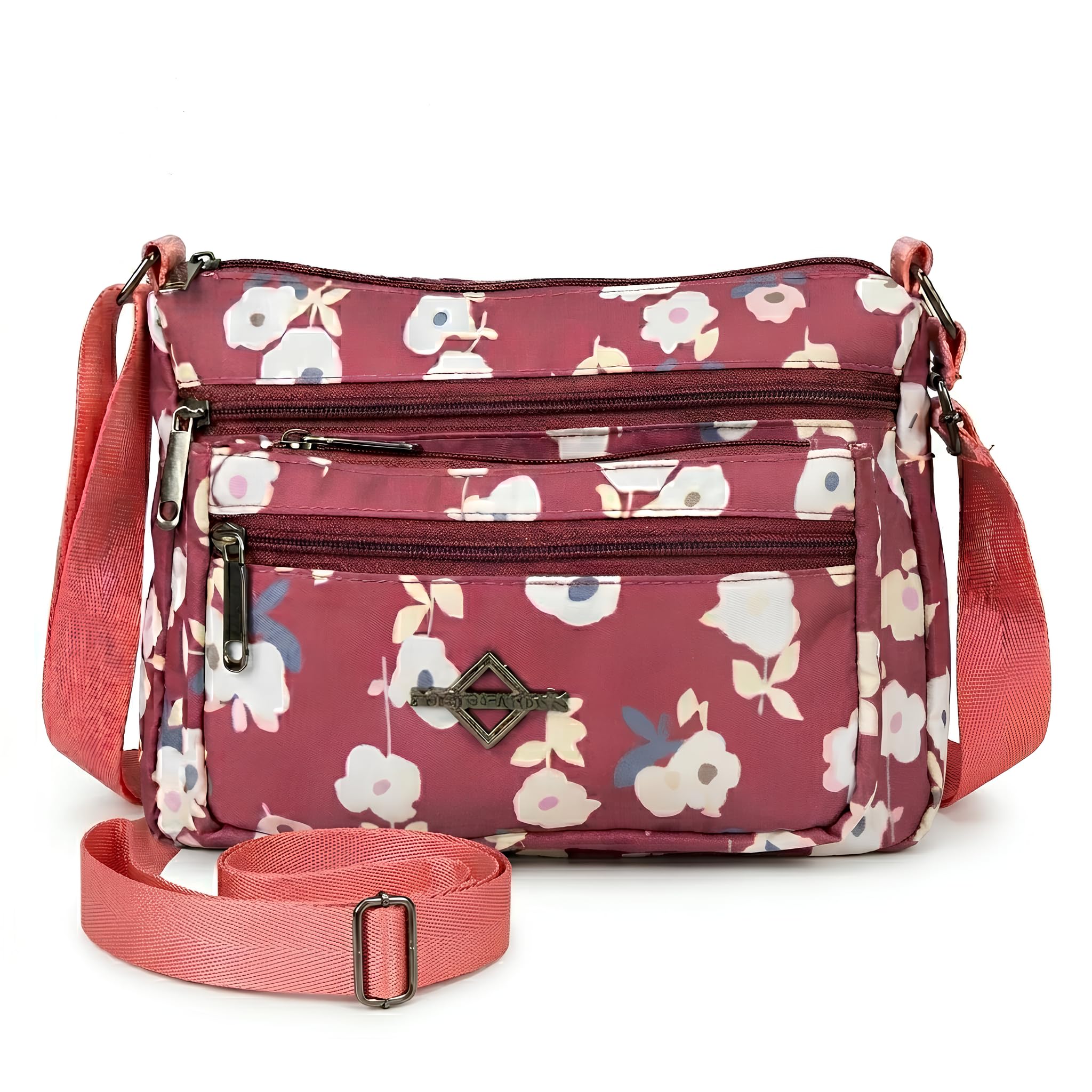 ​Premium Floral Print Crossbody Bag for Women | Stylish Pink Side Sling Bag with 3 Zip Compartments | Adjustable Strap Handbag for Travel, College & Casual Use-picture-44