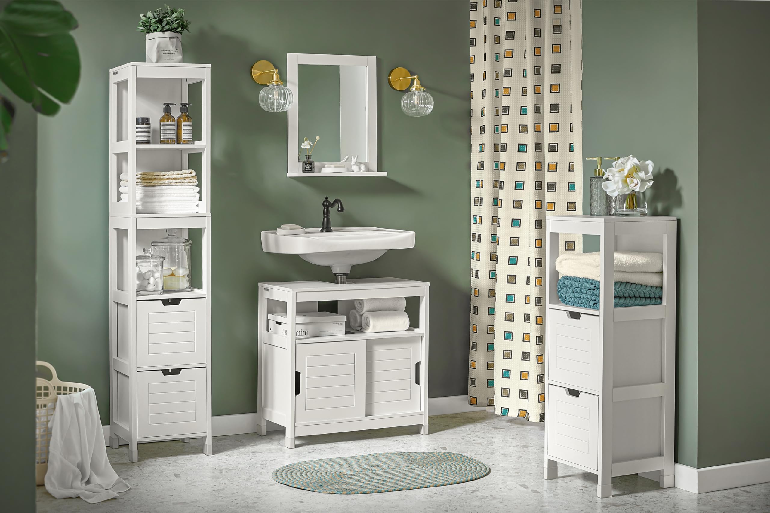 SoBuy Mueble bajo Lavabo con Puertas Correderas y Alfombrillas Impermeables -Mueble Baño, Muebles auxiliares de Baño Blanco, 60x30x60cm, FRG128-II-W