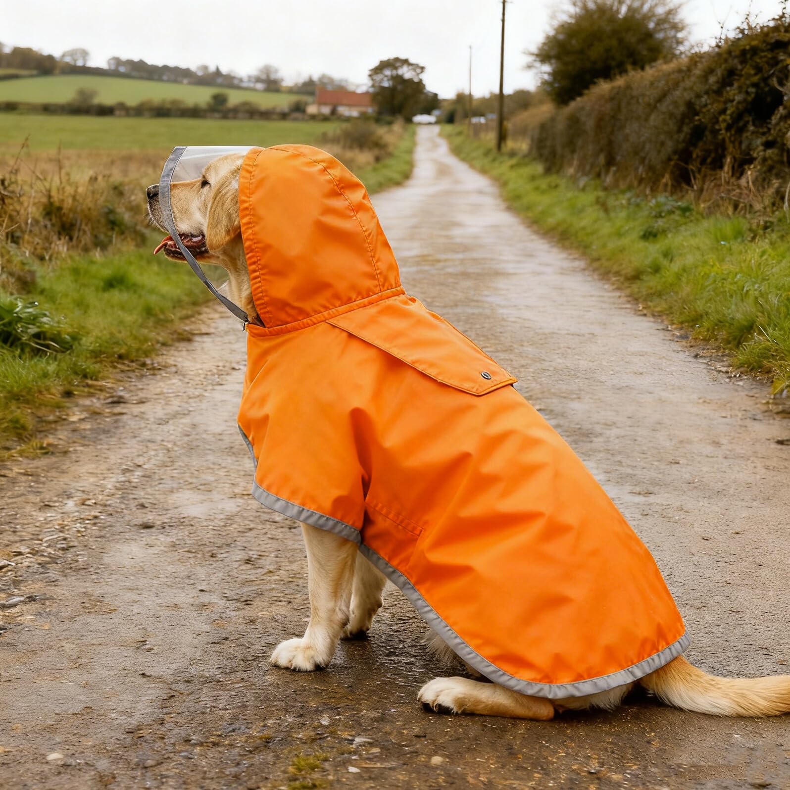 Chubasquero para Mascotas Ajustable con Capucha y Banda Reflectante Naranja XXL para Perros Grandes Poncho de Lluvia con Orificio para Correa Adecuado para Paseos Nocturnos y