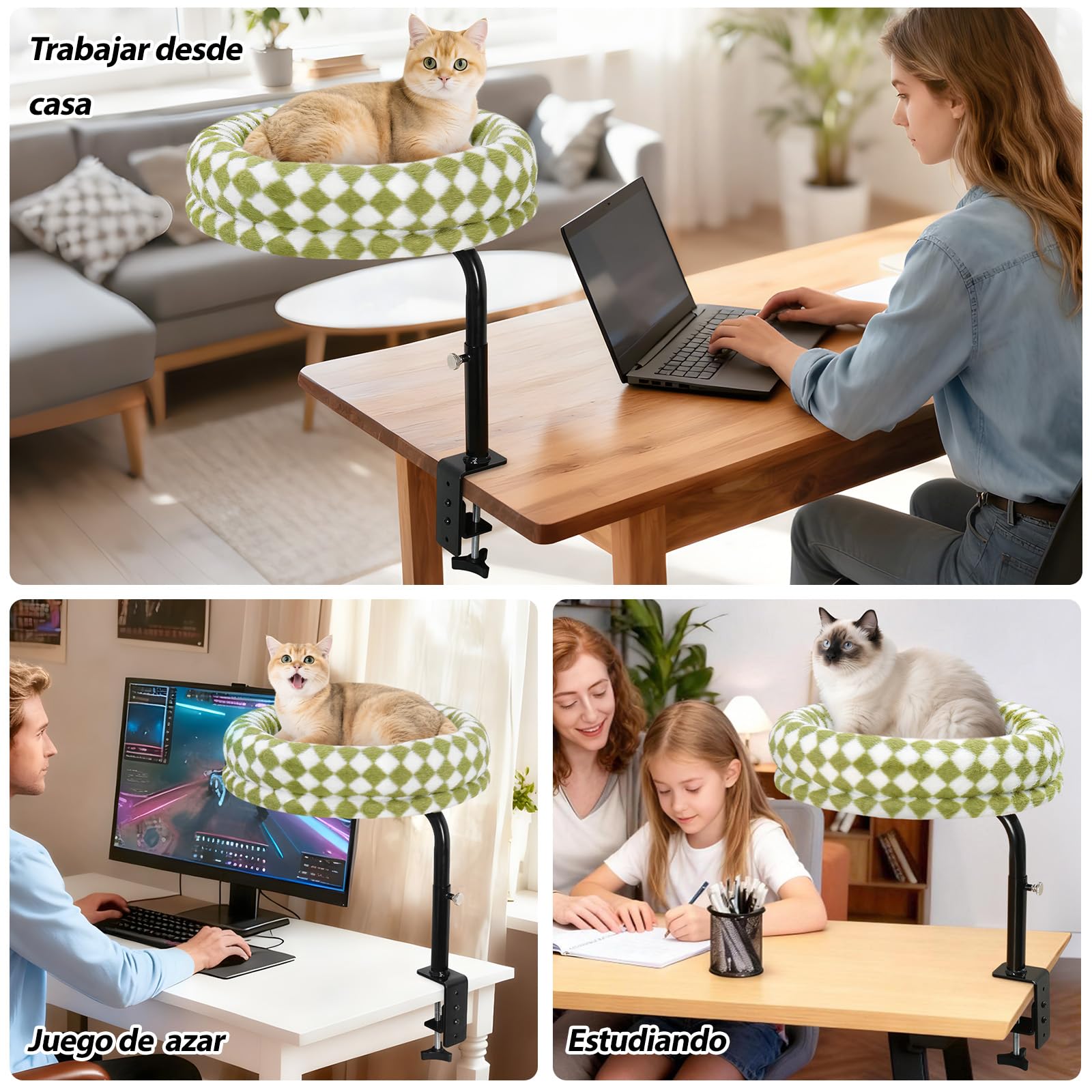 GUUSII HOME Cama Gato de Escritorio Giratorio 360° y Altura Ajustable Camas Hamaca para Gatos hasta 18kg Fácil Montaje Percha Asiento Gatitos Sin Perforaciones Lavable a Máquina Cat Desk Bed（Verde）