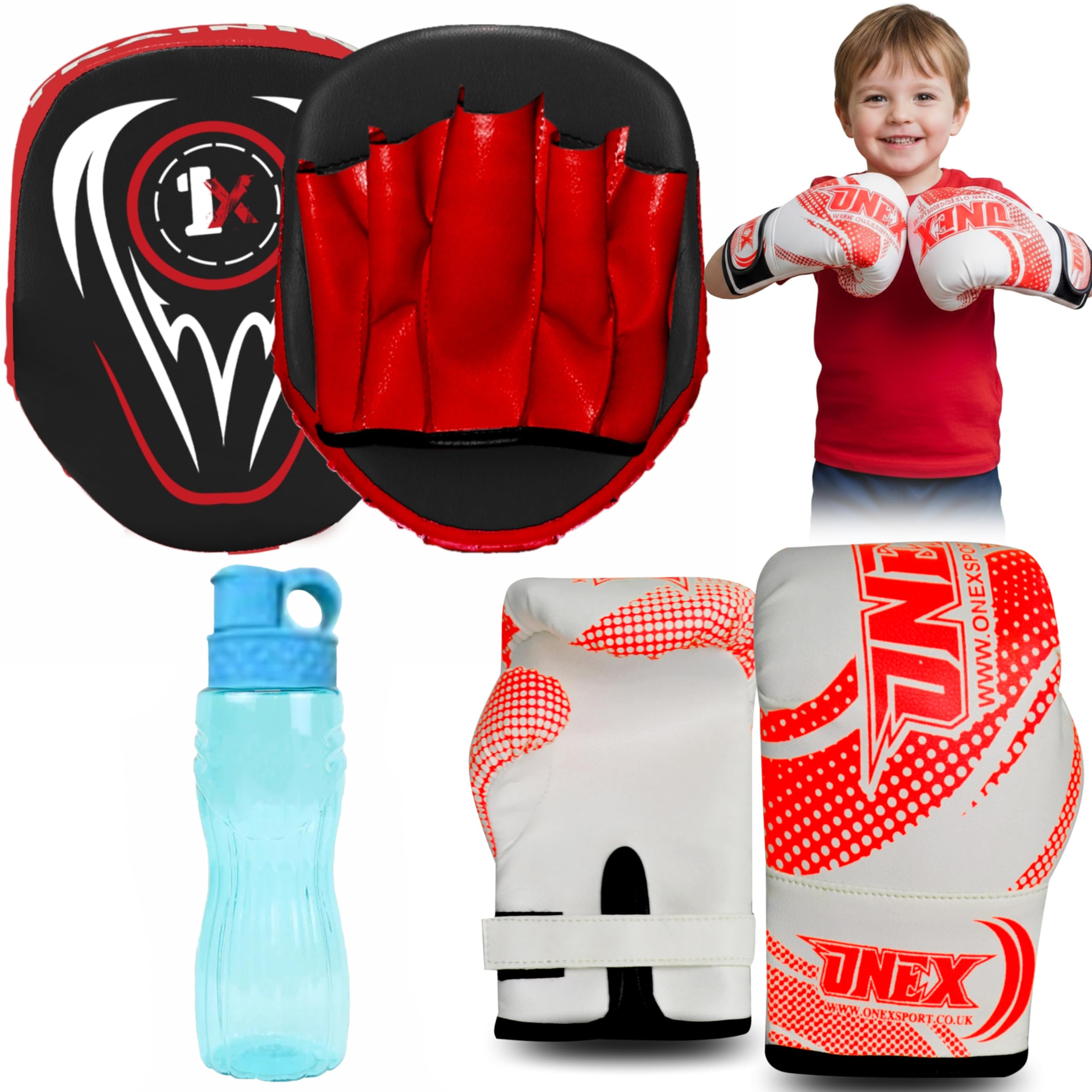 ONEX Boxing Gloves and Pads Kids Boxing Set for Kickboxing & MMA Muay Thai Punching Glove Flat Boxing Pads With Water Bottle Martial Arts Training for Kids and Junior (RED, 2oz)