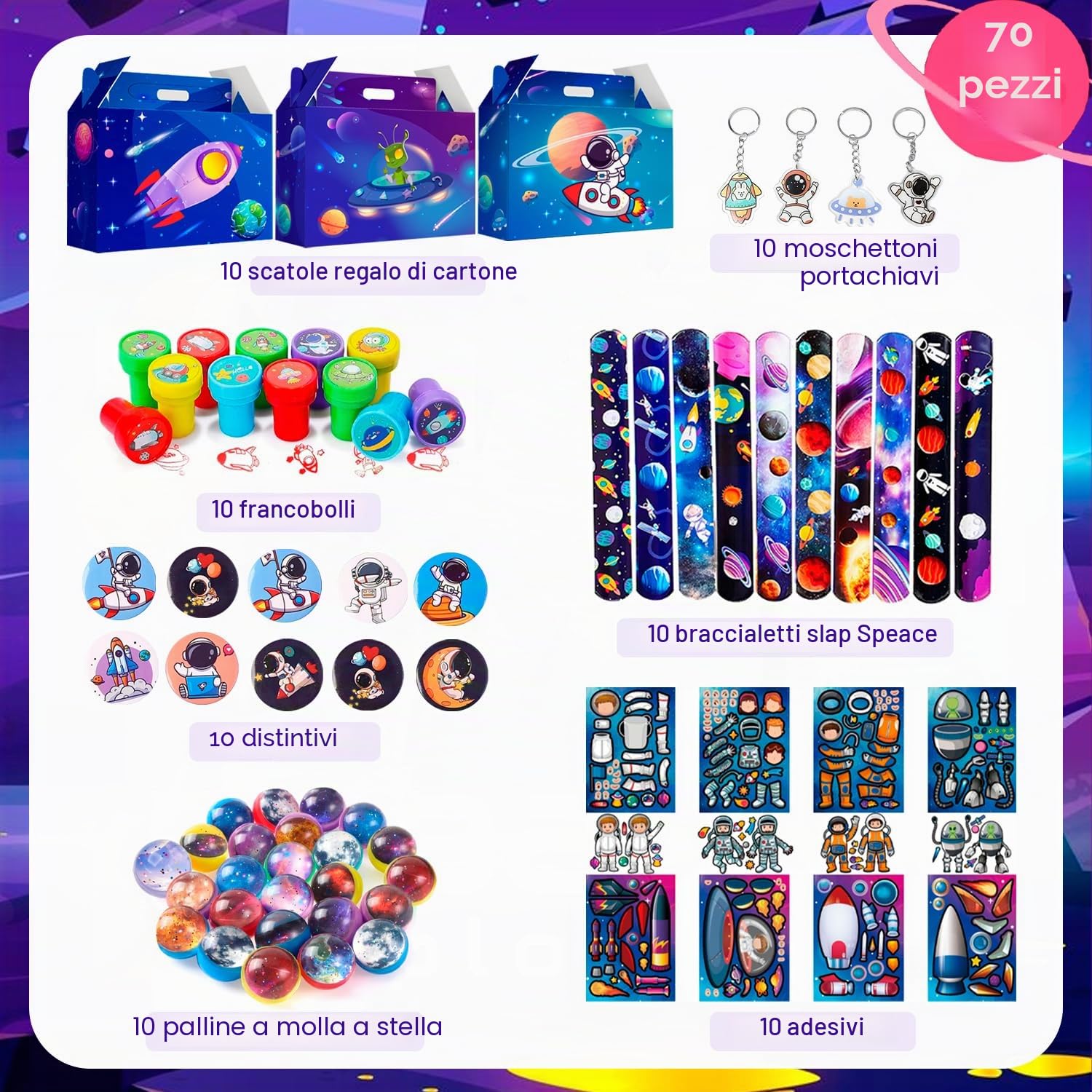 Spazio Compleanno,70pcs Spazio Compleanno Inclu Portachiavi Scatole Regalo Adesivi etc Bomboniere Festa