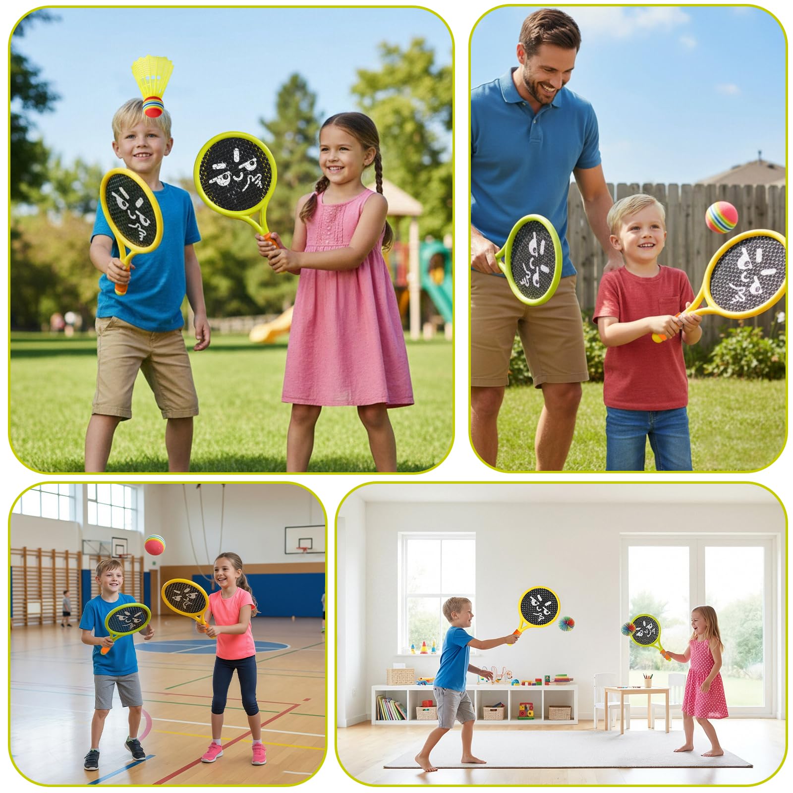Kinder Schläger Set, Ballspiele für Draußen Kinder, Enthalten 2 Kunststoff-Tennisschläger, 2 Federbälle, 2 Tennisbälle, 2 Gummibälle, für Anfänger, Drinnen Draußen, Fördert die Sportlichen Fähigkeiten
