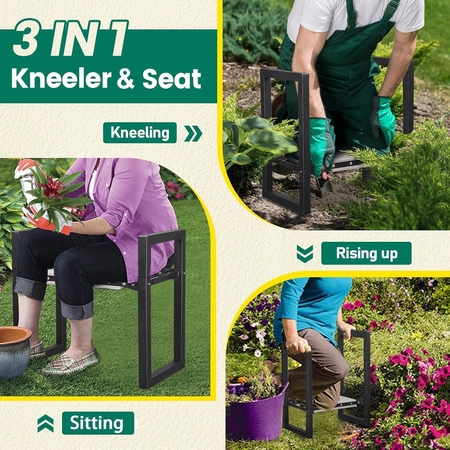 Tabouret de Jardin Pliable, 32cm Pliable Banc Agenouilloir avec Poignées, Appareil Robuste pour Genoux, Capacité de 180 kg, Banc Multifonction de Jardin pour Seniors, Femmes, Hommes/Noir
