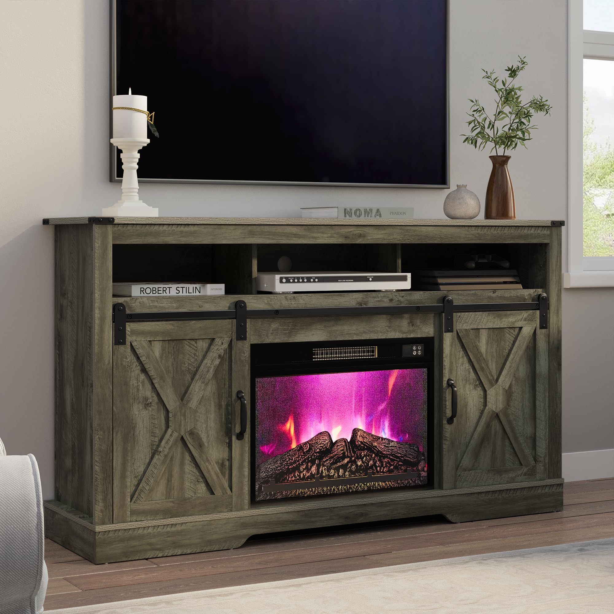 RoyalCraft Farmhouse Fireplace TV Stand for 65+ Inch TV, Entertainment Center with 23" Electric Fireplace with Remote, 34" Modern Rustic TV Console