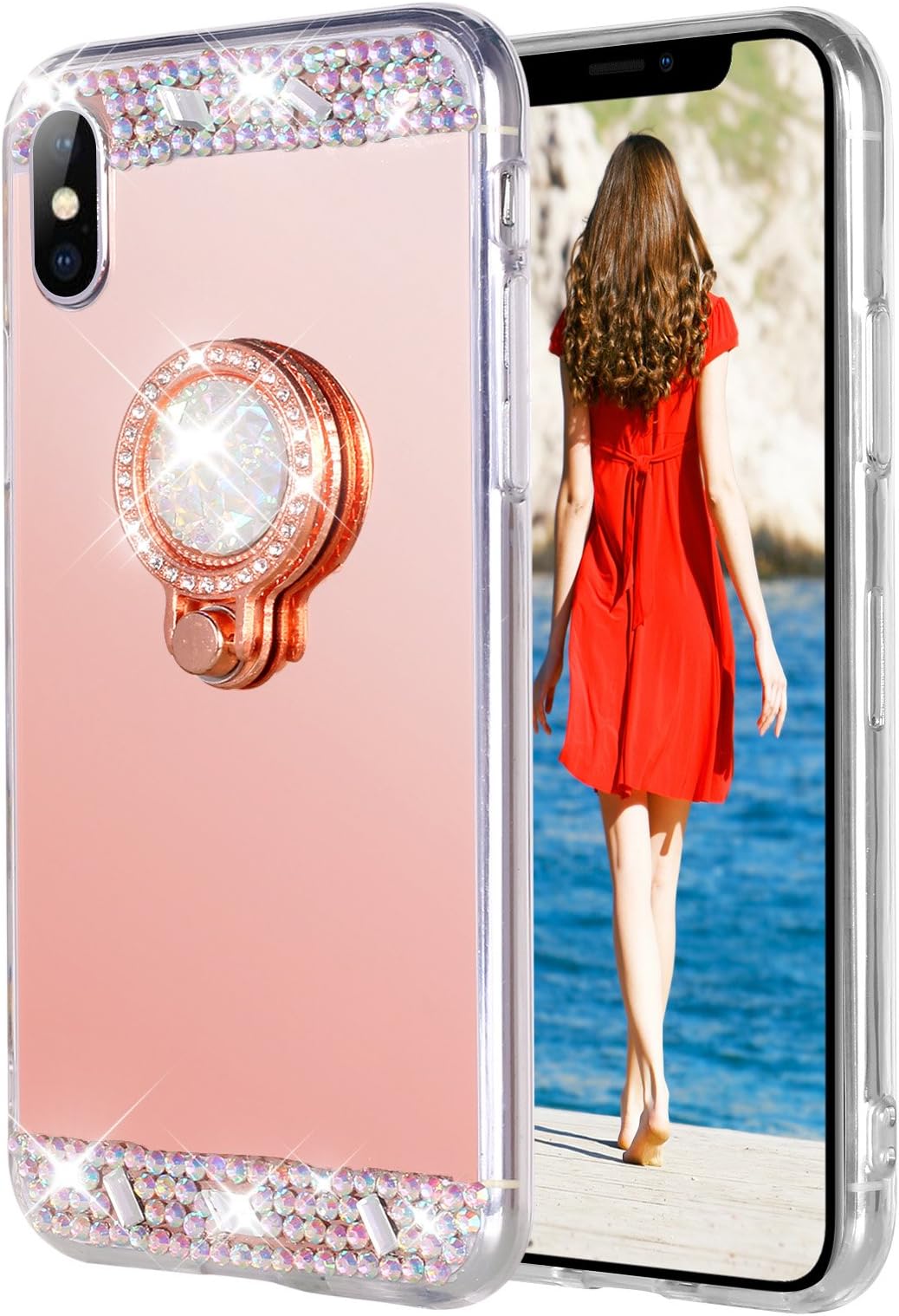 iPhone Xs Max Case,WATACHE WATACHE Luxury Glitter Shiny Bling Cute Diamond Mirror Makeup Case for Girls with Finger Ring Kickstand Flexible TPU Protective Case for iPhone Xs Max(Rose Gold)
