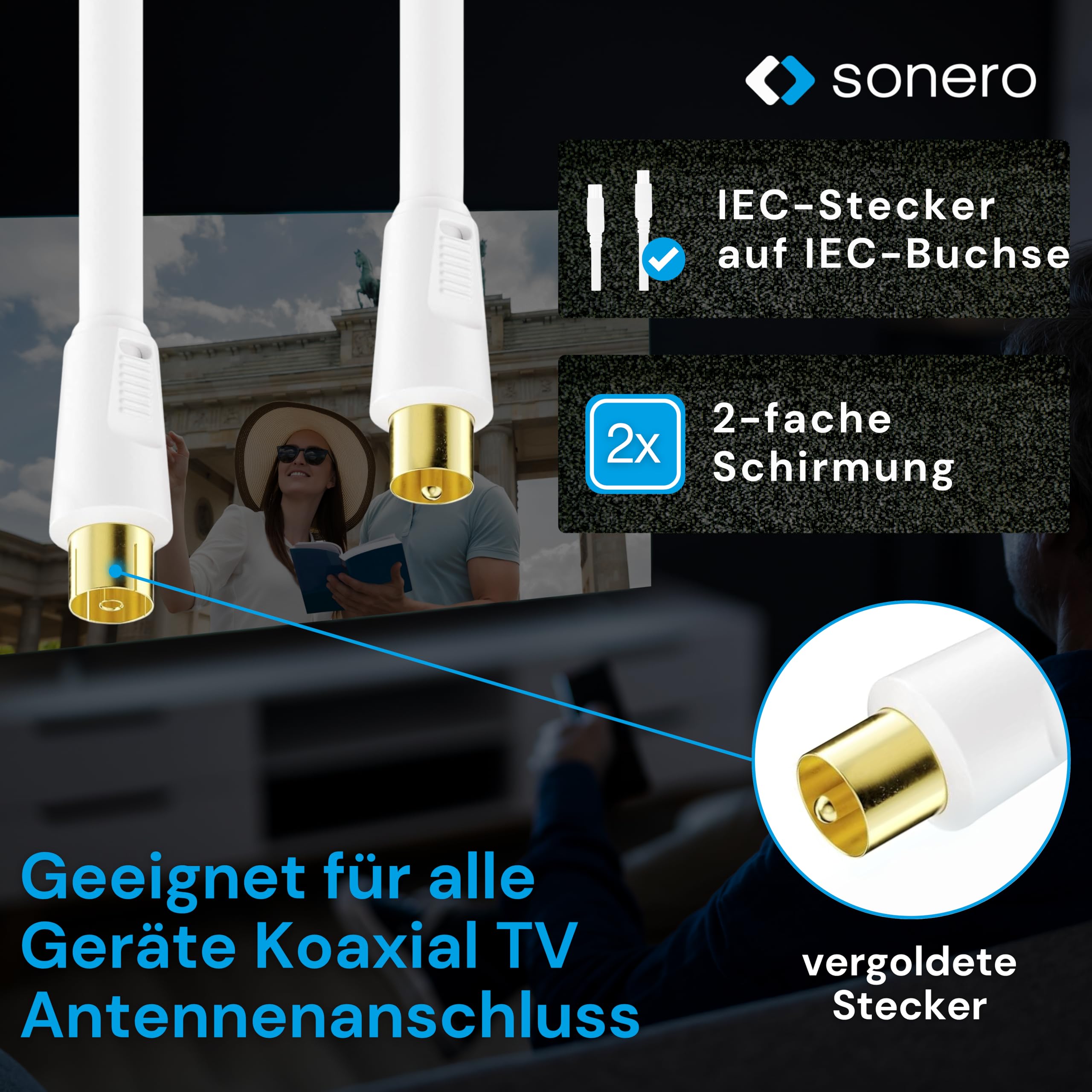 Sonero Kabel antenowy IEC/gniazdo IEC z ferrytem 2,00m, biały