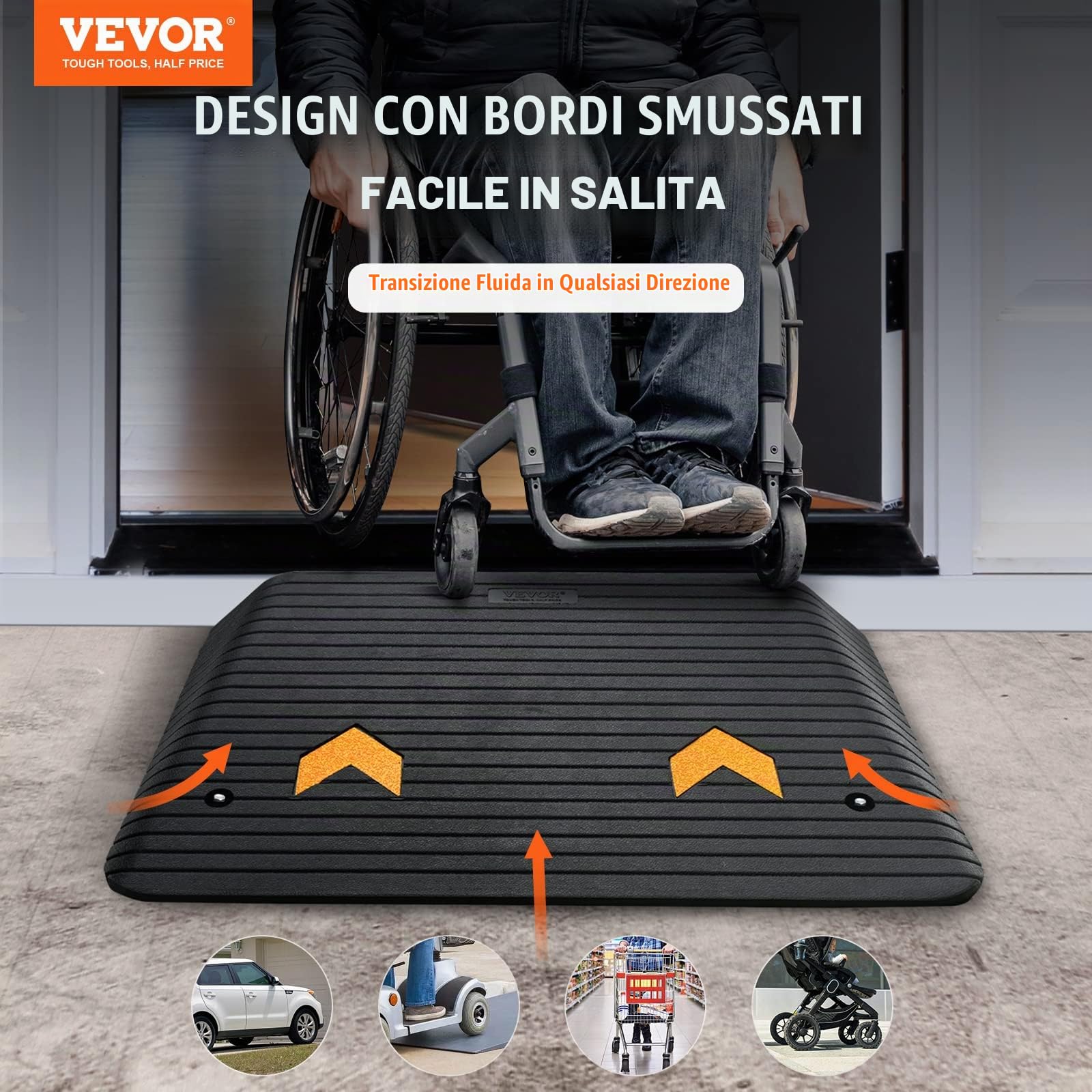 VEVOR Rampa di Soglia Altezza 10,2 cm Rampa da Marciapiede in Gomma 1 Canale Capacità di Carico 15 Tonnellate Superficie Strutturata Antiscivolo per Carrozzina Auto Scooter Garage 90,2x62x10,2 cm