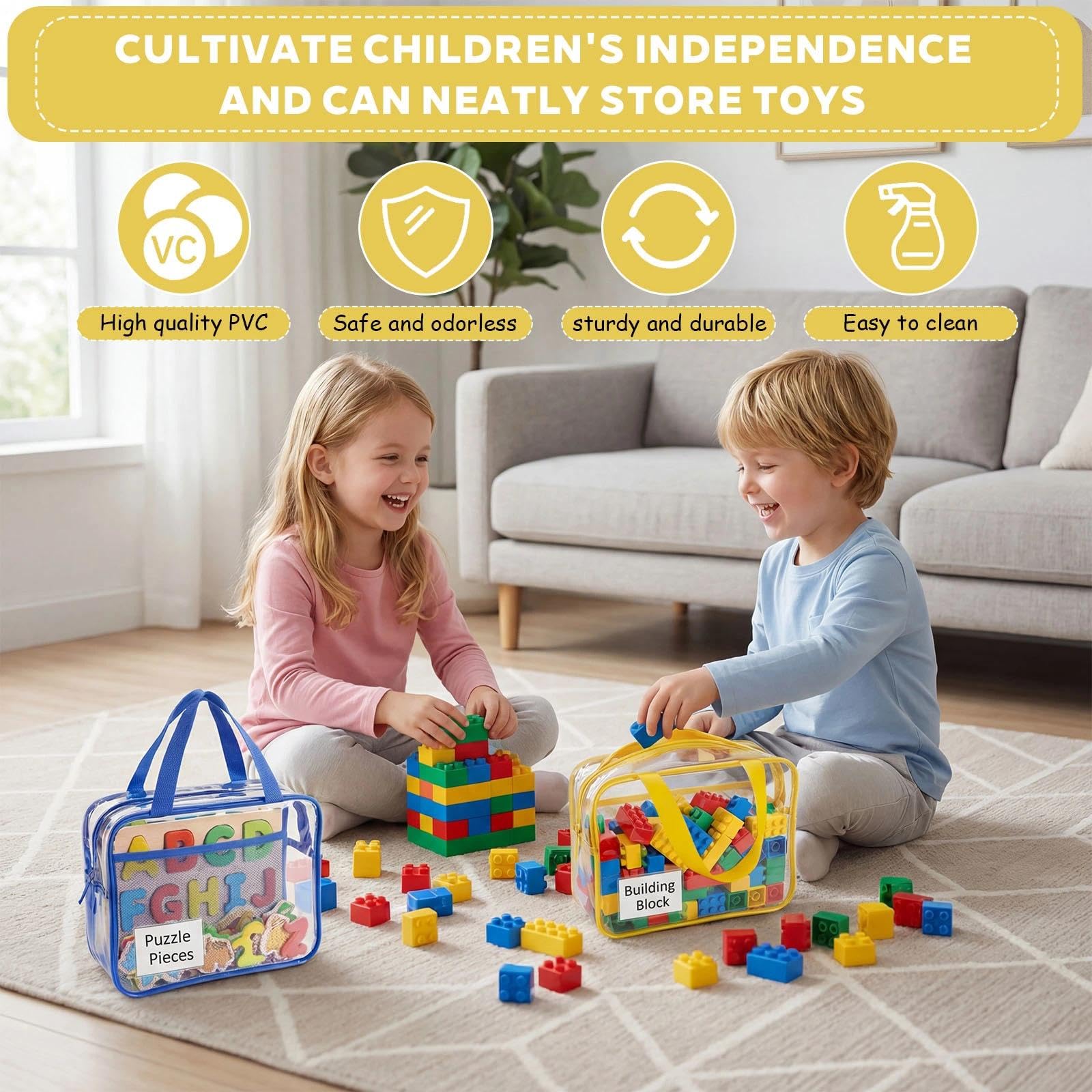 6 Stück Spielzeug-Aufbewahrungstaschen, transparente Aufbewahrungsbeutel für Spielzeug, wiederverwendbar, wasserdicht, Spielzeugtasche, mit Griffen, PVC-Organisationshilfe (3 Farben)
