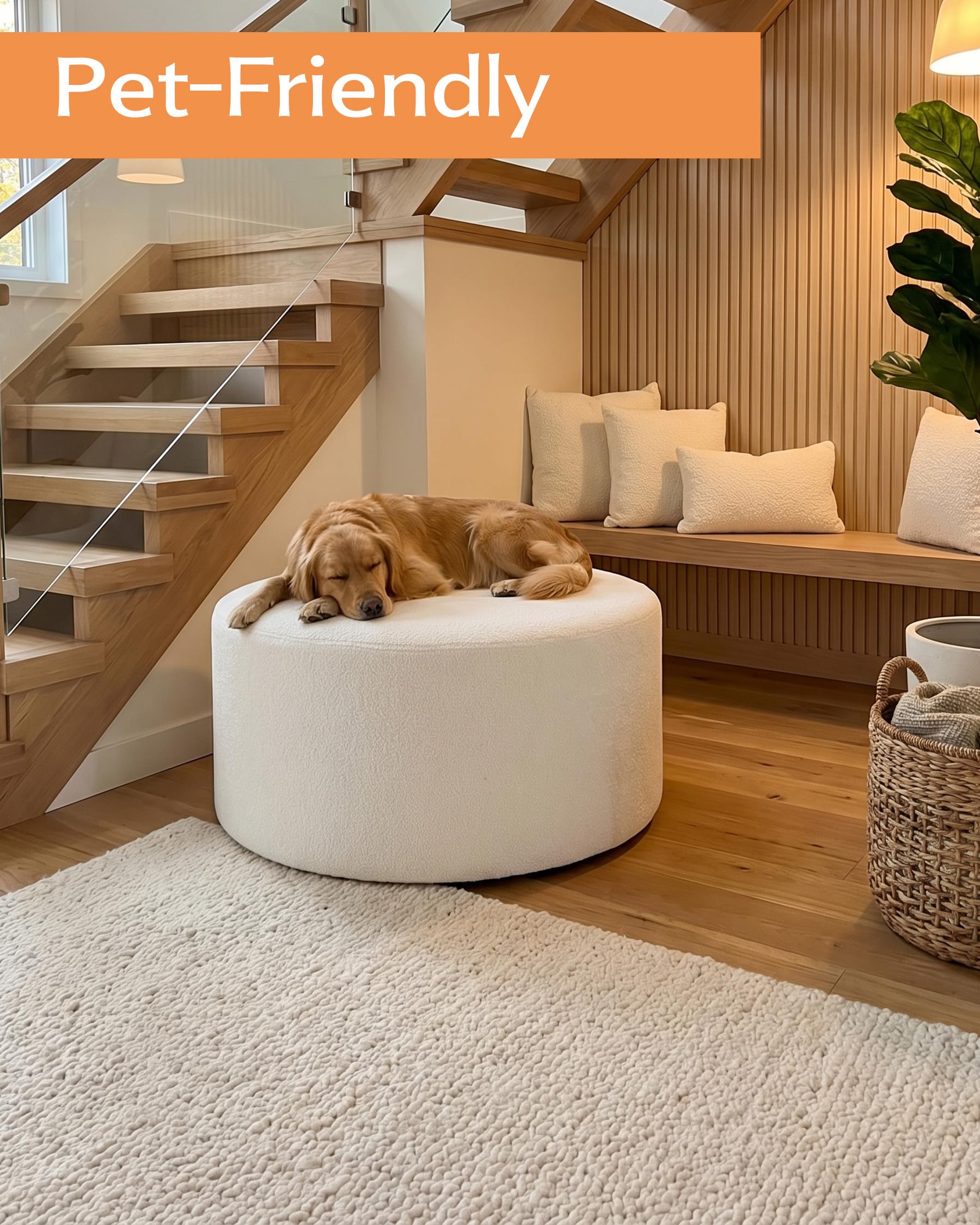 Pouf Poggiapiedi Divano Morbido Grande Pouf Rotondo 70cm in Tessuto Teddy Beige, Puff Poltrona per Camera da Letto, Seduta da Pavimento Moderna Poggia Piedi Imbottito 70x70x40cm
