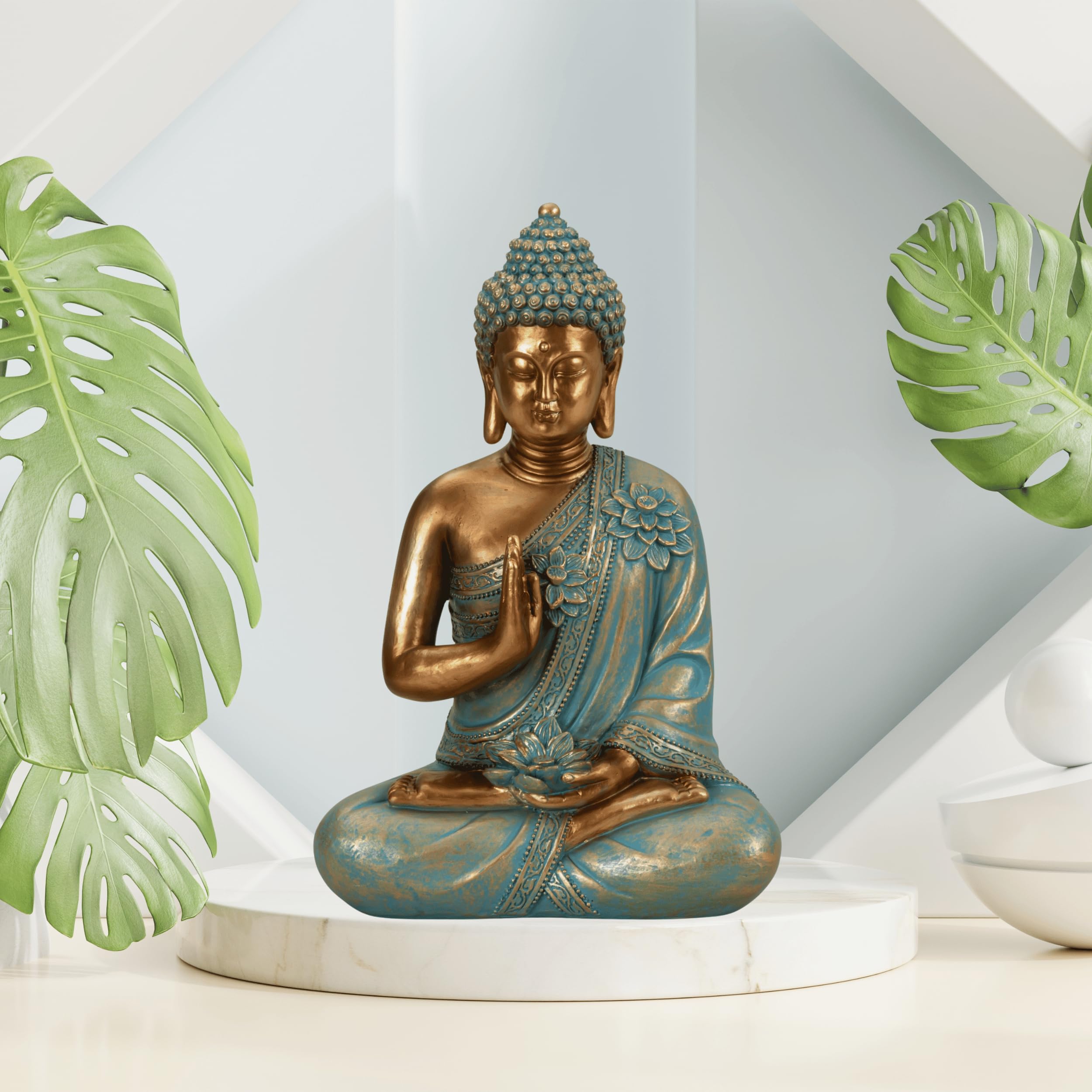 Lifestyle & More Escultura decorativa de Buda de piedra artificial dorada/verde menta altura 31 cm ancho 21 cm