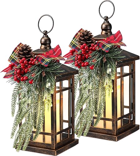 Baquler 2 piezas de linterna decorativa de Navidad con LED, linterna de vela colgante vintage sin llama de 14" en bronce, centros de mesa de Navidad