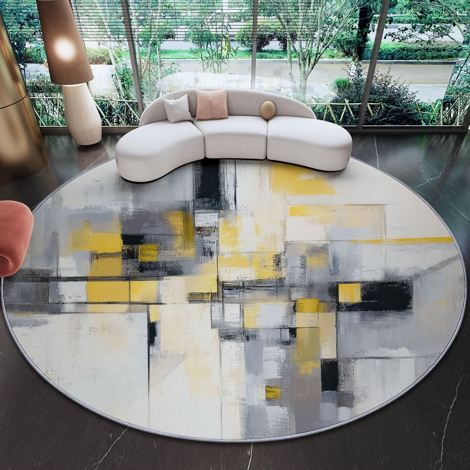 Runder Teppich 150 cm (Round) für drinnen und draußen Minimalistisches abstraktes Senfgelb rutschfest, fusselfrei, Teppich für Küche, Veranda, Foyer Senfgelb Grau