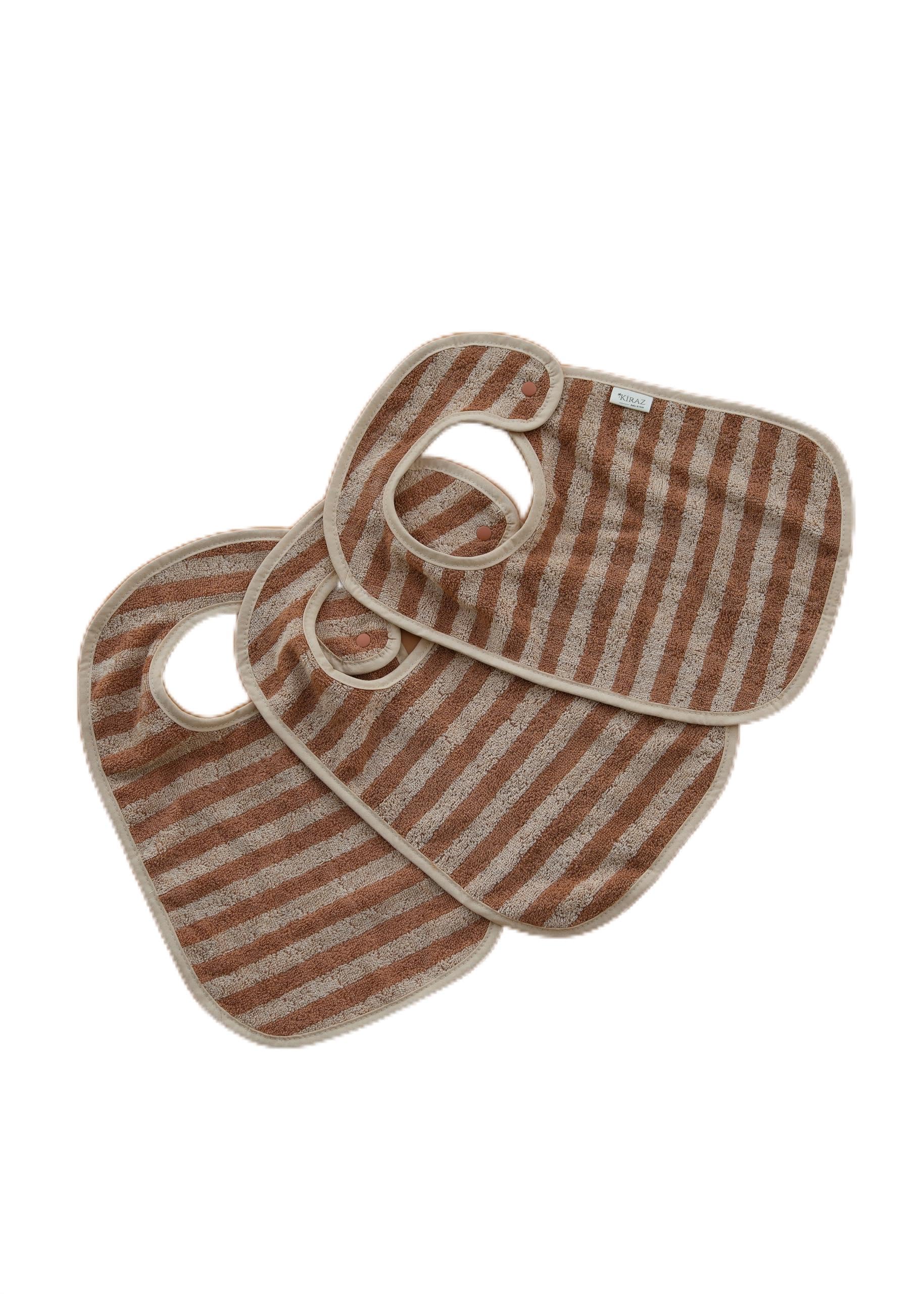 Kiraz Kids 3 Pack Baby Bib Set | OEKO-TEX® Certified Turkish Cotton | Soft Jacquard Bibs with Snap | Baby Bib Set | Large Nursery Bibs (brown beige stripes)