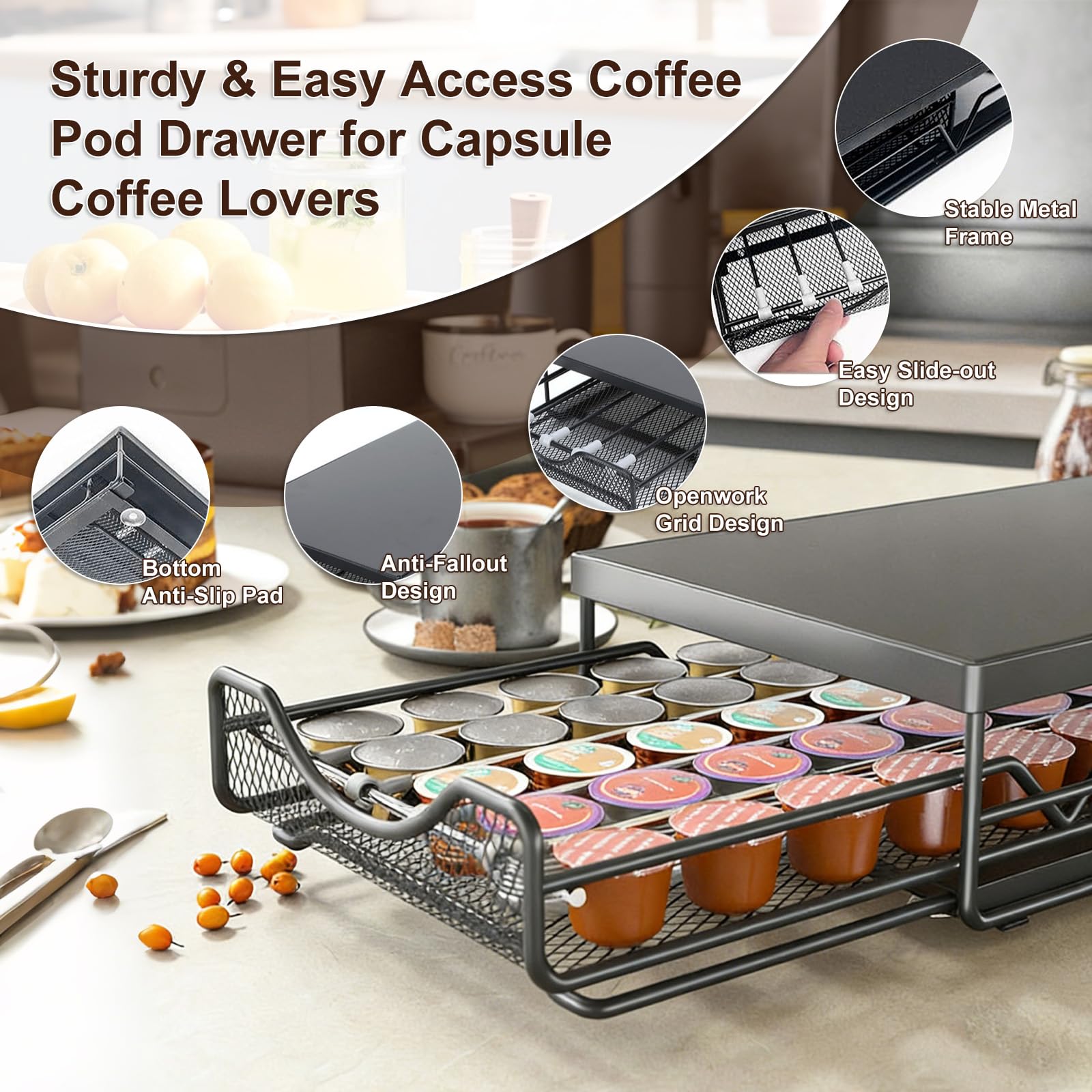 Supporto per 45 capsule di caffè, cassetto regolabile in metallo, per macchina da caffè da appoggio, con organizer per casa, ufficio, dispensa (cialde di caffè non incluse)