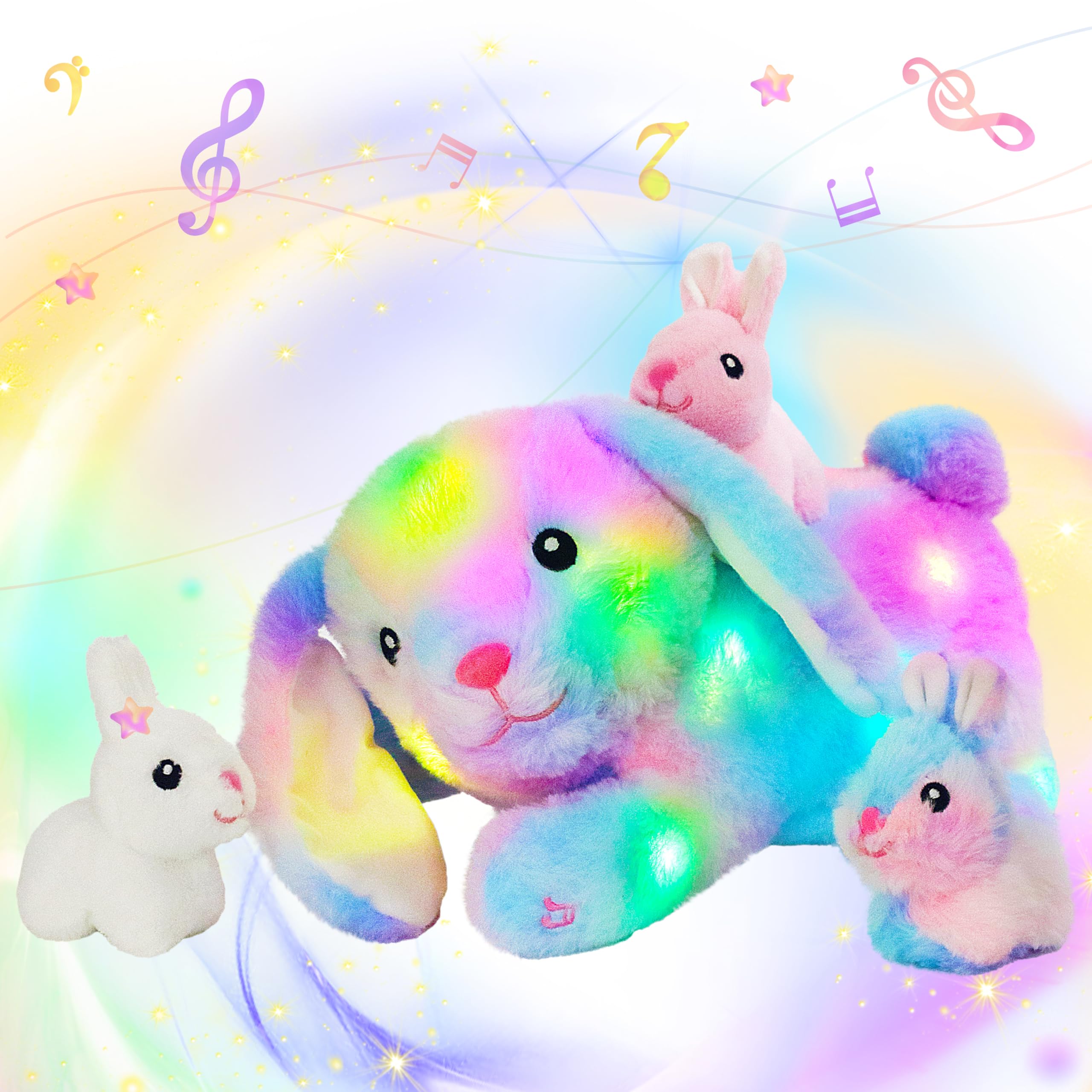 Hopearl LED Musical Stuffed Bunny Light up Singing Plush Toy Playset Mommy Rabbit with 3 Baby Bunnies in her Tummy Adjustable Volume Lullaby Animated