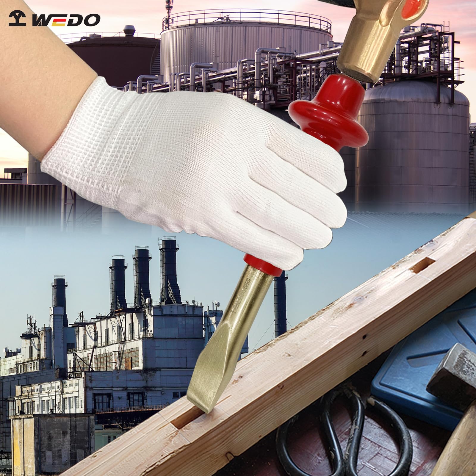 WEDO Cincel plano sin chispas, cincel de cemento, cincel de ladrillo, cincel de mampostería, cincel de hormigón con protector de mano de grosor, bronce de aluminio, longitud 400 mm, adecuado para la