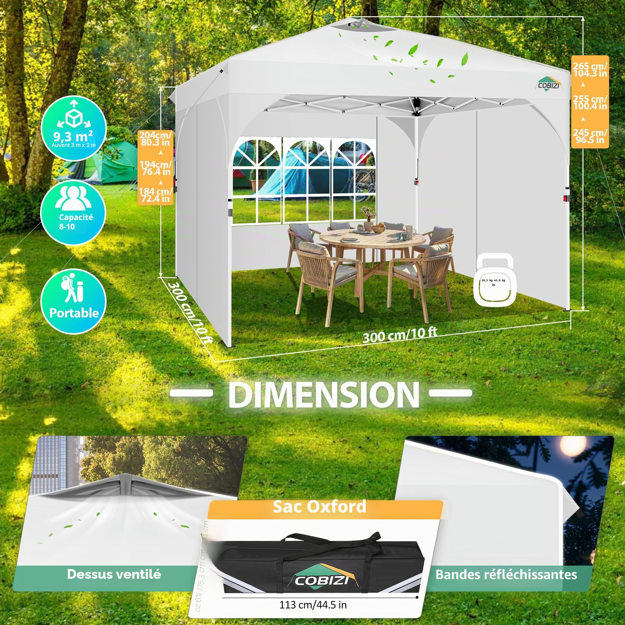 Cobizi Tonnelle Pliante 3x3 Imperméable Tonnelle De Jardin Exterieur,3 Panneaux Latéraux,Tonnelle Pliante Imperméable,Convient pour Le Camping, Les Festivals, Barnum avec 4 Sacs,Sable，Blanc