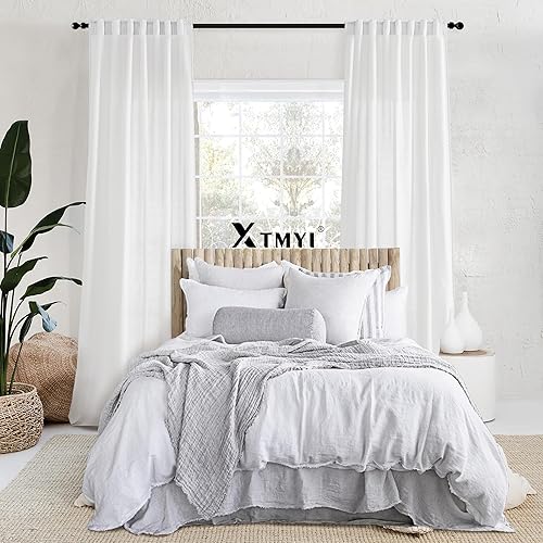 Miniatura 7 de XTMYI Cortinas blancas de 90 pulgadas de largo para sala de estar, juego de 2 paneles con cinta de gancho y pestaña trasera, cortinas de lino para